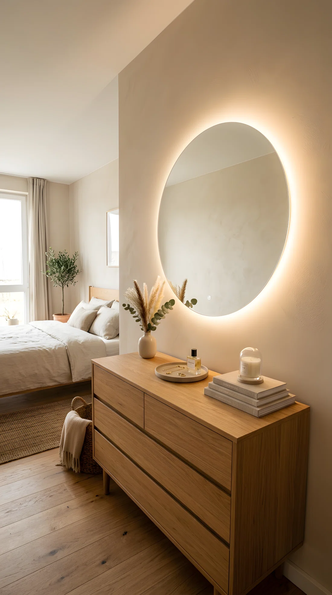 Wide angle interior stock photograph of a minimalist bedroom vanity with warm beige walls (RGB 235, 224, 208), featuring a large circular mirror mounted on the wall with soft warm LED halo backlighting casting a diffused glow outward across the plaster wall texture, neatly made wooden dresser below, organized and clean, dramatic side angle view.
