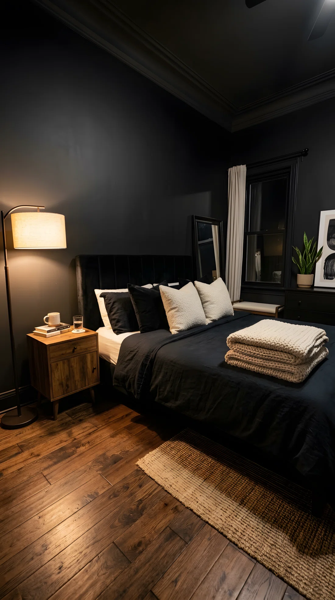 Wide-angle real photo of a bedroom with a black velvet headboard bed, chunky cream knit throw folded at the foot, one bouclé textured pillow among black pillows, matte black walls, neatly made bed, warm ambient floor lamp light pooling low near the nightstand rather than overhead, wood floor, dramatic low camera angle showing full room depth, photographic stock photo style, vibrant warm tones