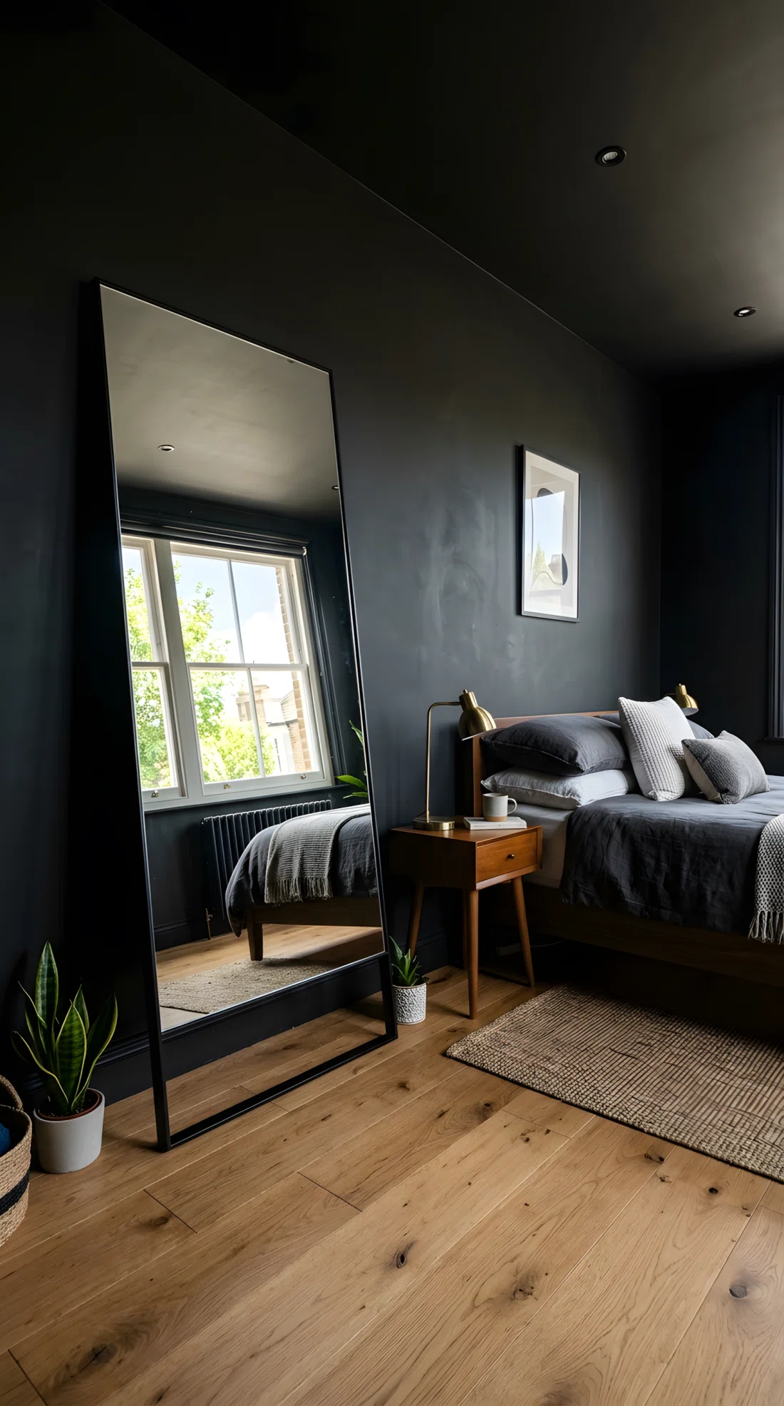 Wide-angle real photo of a black bedroom with a full-length rectangular mirror in a thin black frame leaning against the wall at a slight tilt, reflecting a window with bright natural light, neatly made bed nearby, wood flooring, dramatic wide camera angle showing the full room and mirror reflection, photographic stock photo style, vibrant natural light tones