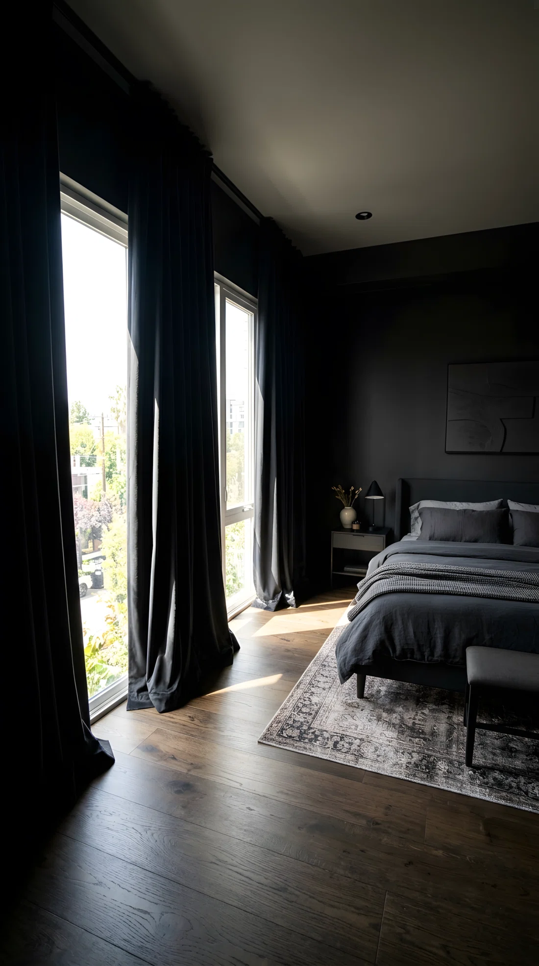 Wide-angle real photo of a dark modern bedroom with floor-to-ceiling black blackout curtains mounted close to the ceiling and pooling slightly on the floor, curtains partially open letting bright natural light stream in, black walls, neatly made bed, wood flooring, dramatic wide camera angle showing the full window and room, photographic stock photo style, vibrant natural light contrast