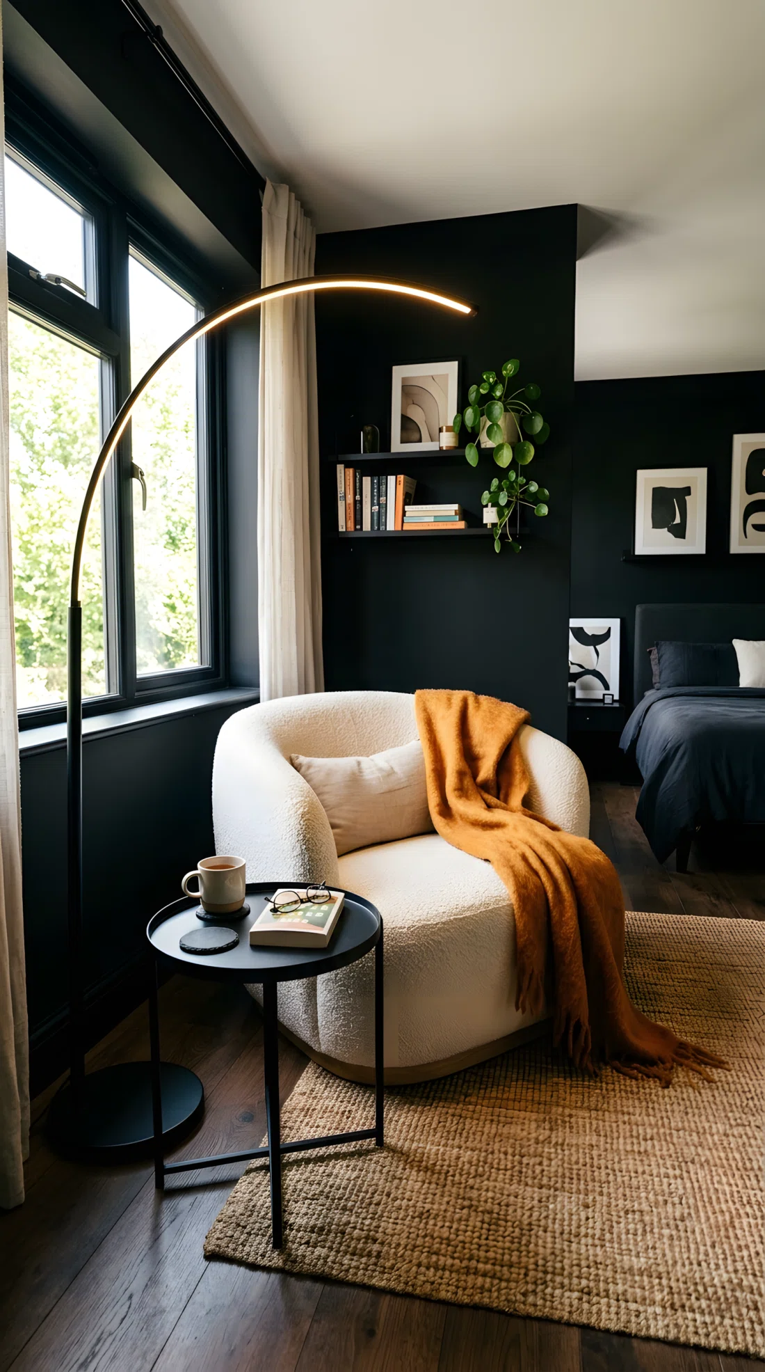 Wide-angle real photo of a black bedroom corner with a curved cream bouclé reading chair, small round black side table, black arc floor lamp angled to light the chair directly, mohair throw draped over the armrest, black walls, bright natural light from a nearby window, dramatic wide camera angle showing the full reading corner, photographic stock photo style, vibrant warm tones