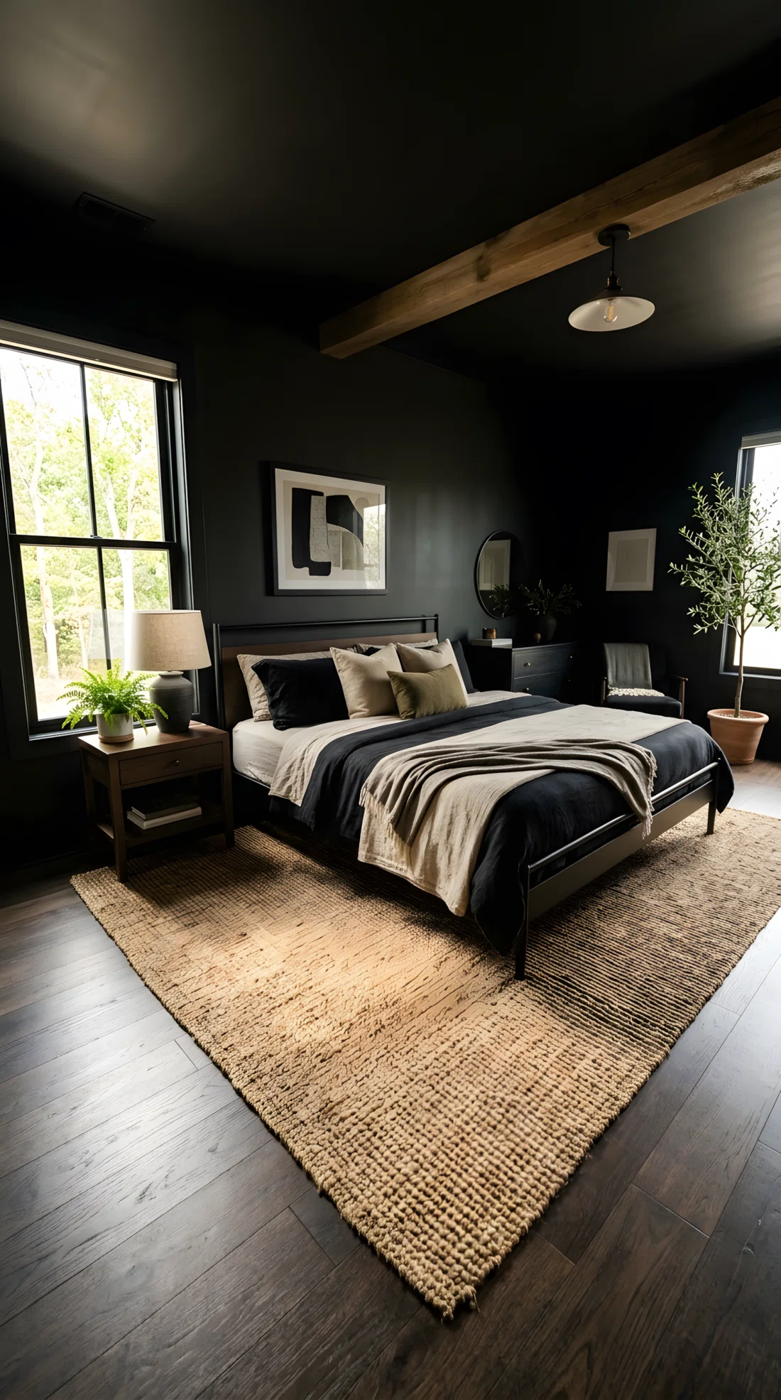 Wide-angle real photo of a black bedroom with a natural woven jute rug layered partially under the bed frame, black walls, bright natural light highlighting the rug's texture, neatly made bed, dramatic wide camera angle showing the full floor and room, photographic stock photo style, vibrant warm natural tones