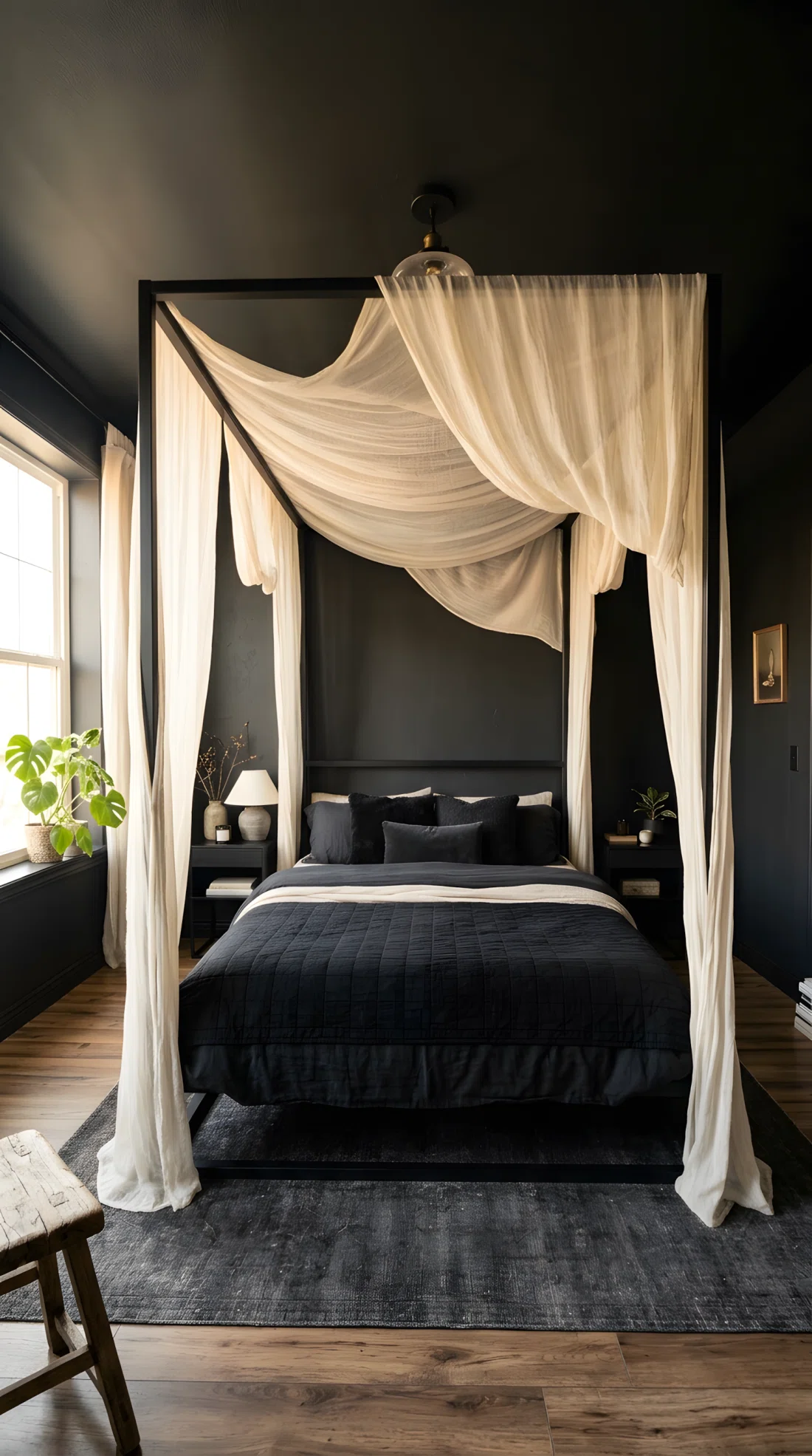 Wide-angle real photo of a black bedroom with a black canopy frame above the bed draped with sheer ivory fabric falling unevenly on each side, black walls, neatly made bed below, bright natural light filtering through the sheer fabric, dramatic wide camera angle showing the full canopy and bed, photographic stock photo style, vibrant soft glow tones