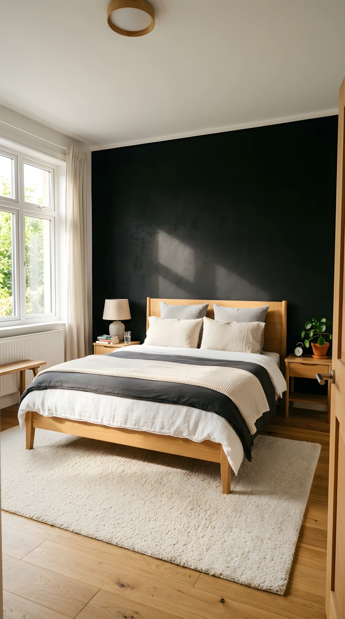 Wide-angle real photo of a bedroom with one matte black accent wall behind a light oak bed frame, cream boucle rug on wood floor, warm bright natural light coming from a side window hitting the black wall at an angle to show its texture, neatly arranged bedding, dramatic wide camera angle showing the full room, photographic stock photo style, vibrant natural tones, wall color RGB 10,10,10