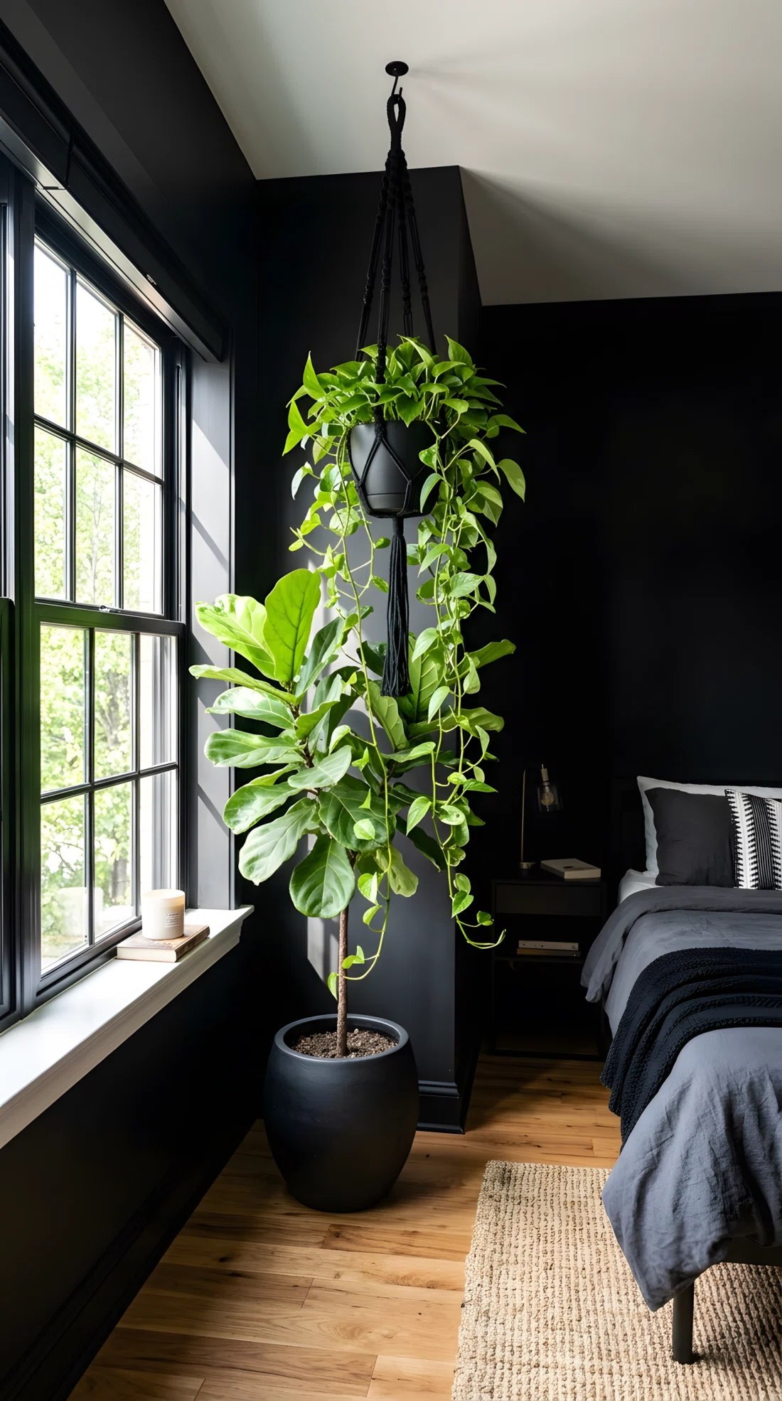 Wide-angle real photo of a black bedroom corner near a window with a tall fiddle leaf fig in a black ceramic pot and a trailing pothos plant in a black macrame hanger above it, black walls, bright natural window light streaming across the leaves, wood flooring, neatly organized space, dramatic wide camera angle showing the full corner and window, photographic stock photo style, vibrant green tones against black