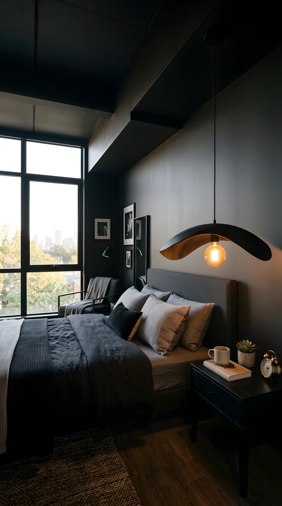 Wide-angle real photo of a dark modern bedroom with a matte black sculptural pendant light with an organic curved shape hanging slightly off-center above a black nightstand, warm-toned bulb glow, black walls, neatly arranged bed below, bright natural light from a side window balancing the warm pendant glow, dramatic wide camera angle showing the full ceiling line and room, photographic stock photo style, vibrant warm tones