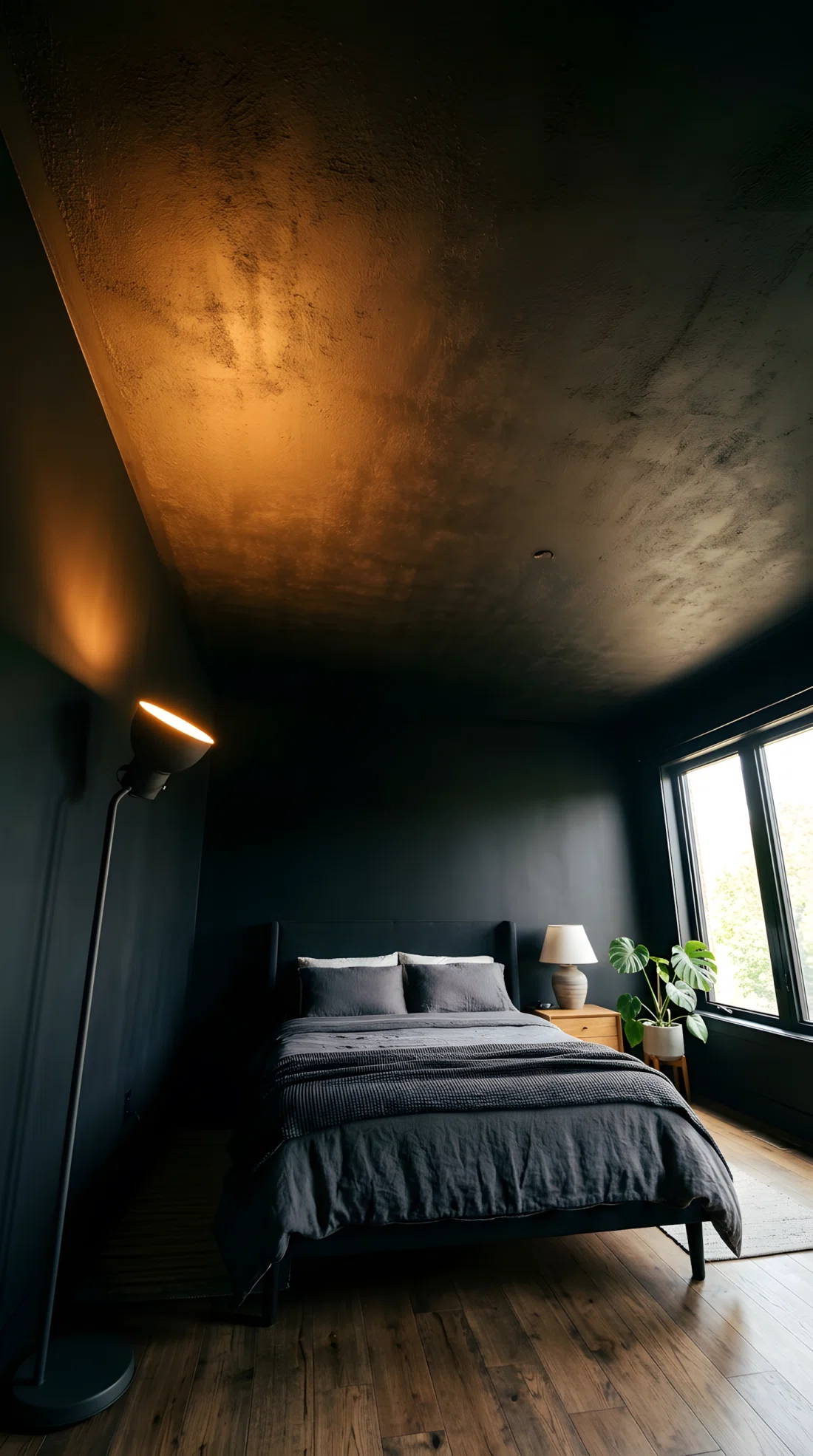Wide-angle real photo of a bedroom with matte black walls and matte black ceiling, one tall floor lamp angled upward bouncing warm light across the ceiling surface to reveal its texture, neatly made bed below, wood flooring, bright natural window light on one side, dramatic wide upward camera angle showing the full ceiling and room, photographic stock photo style, vibrant warm glow, ceiling and wall color RGB 15,15,15