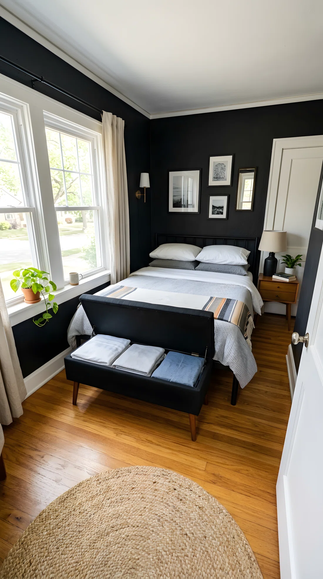 Wide-angle real photo of a small bedroom with a black storage bench with slim tapered wooden legs at the foot of the bed, folded linens visible peeking from the open lid, black walls, neatly made bed, bright natural light from a window, wood flooring, dramatic wide camera angle showing the full small room layout, photographic stock photo style, vibrant tones