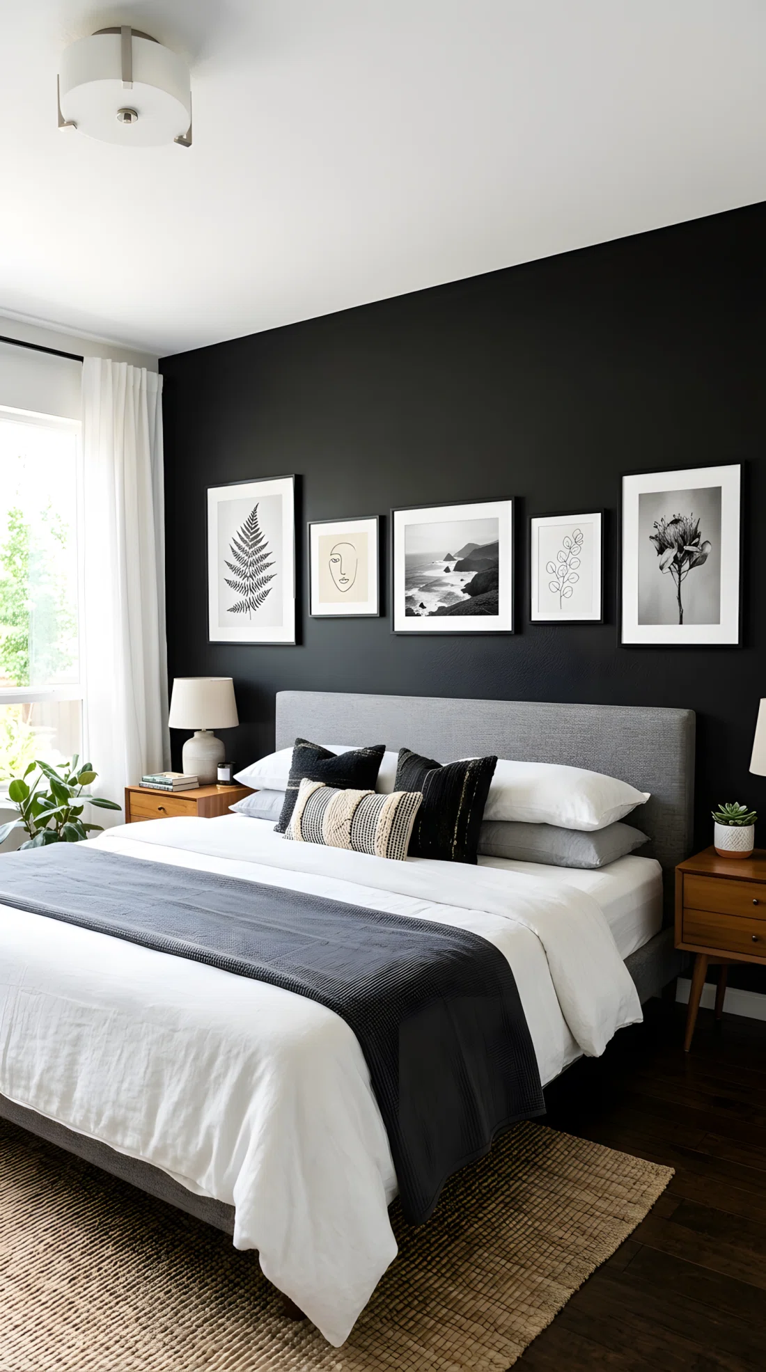 Wide-angle real photo of a black bedroom wall above the headboard with a gallery of five thin black-framed prints in mismatched sizes evenly spaced, mix of botanical print, line drawing, and black-and-white photo, black walls, neatly made bed below, bright natural light catching the frame edges, dramatic wide camera angle showing the full gallery wall and bed, photographic stock photo style, vibrant tones