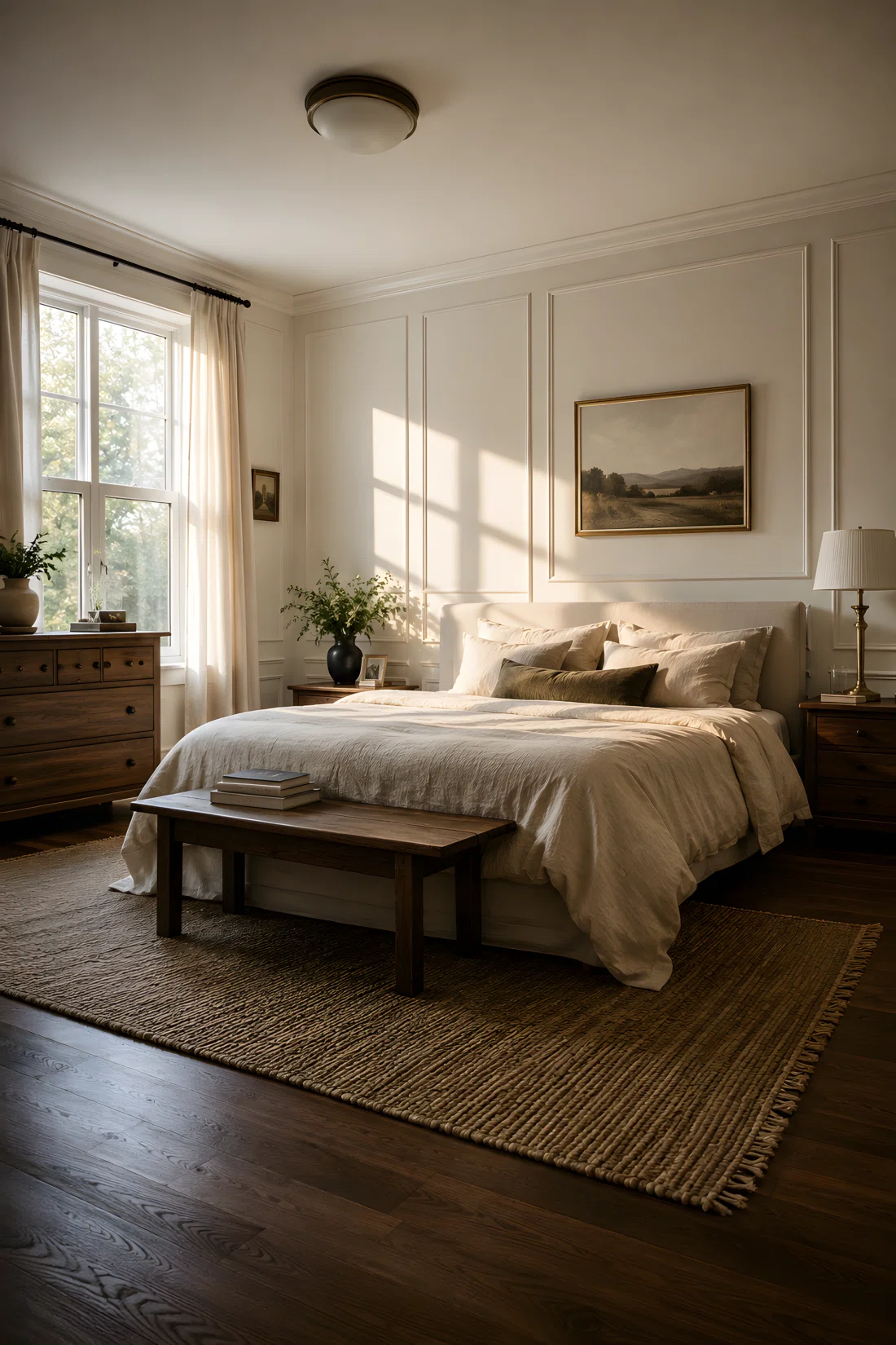 Wide-angle real-life photo of a bedroom with picture-frame wall molding painted warm white, queen bed with linen bedding, morning light entering from a large window on the left casting soft shadows across the wall, wood floor, dramatic low camera angle showing the full room, vibrant natural tones, photographic style, not a 3D render.