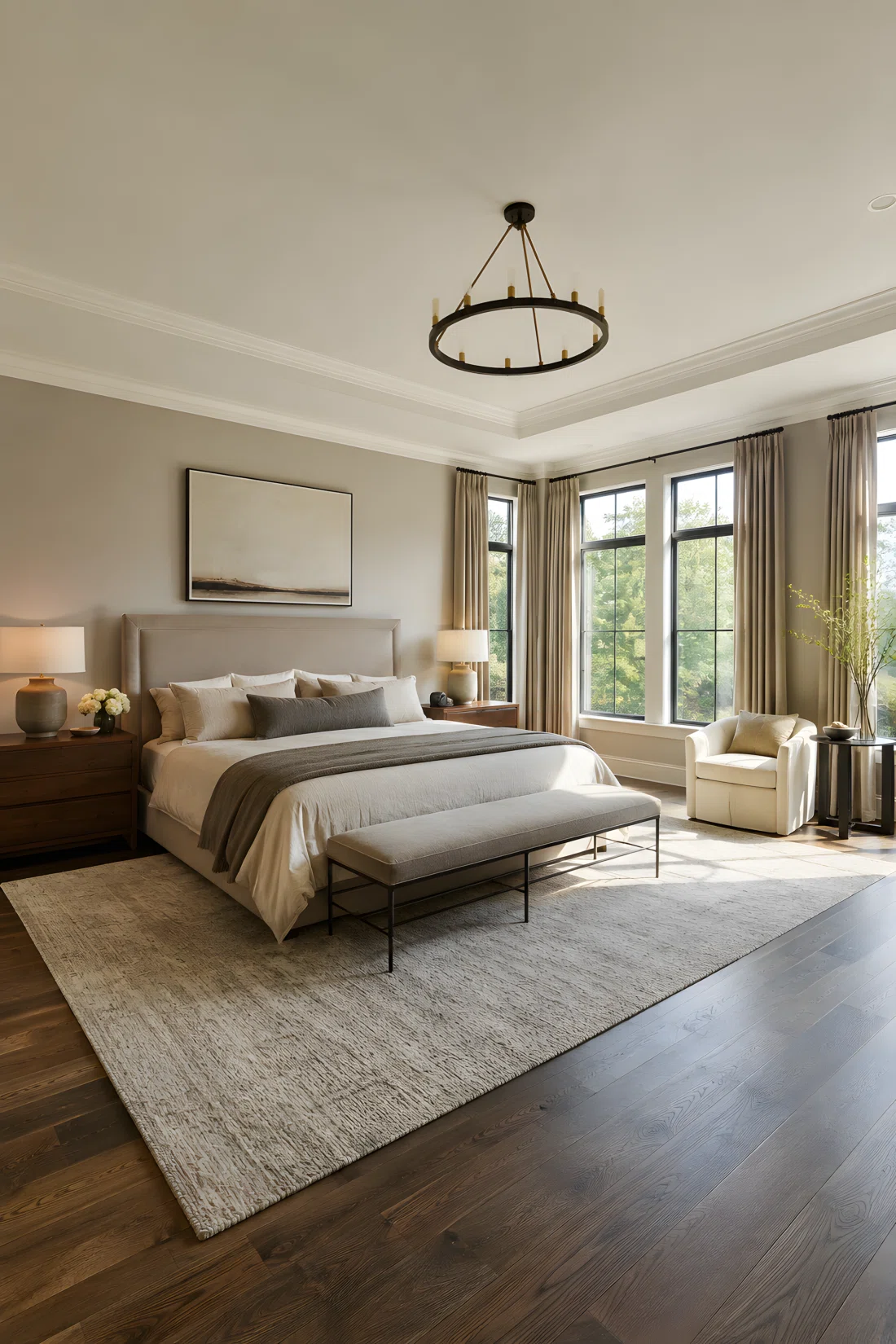 Wide-angle real-life photograph of a quiet luxury master bedroom, upholstered linen headboard in soft taupe, walnut nightstands, wool area rug, bright natural light from tall windows, minimal styling, dramatic wide camera angle capturing the entire room, vibrant true-to-life tones, photographic realism, not illustration.