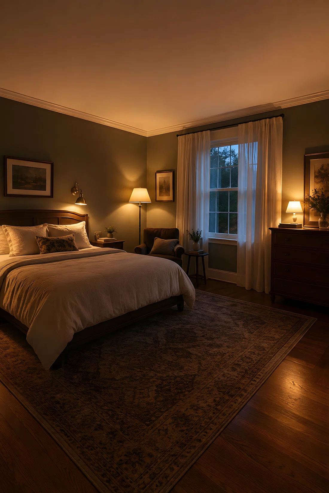 Wide-angle real-life photo of a classic bedroom at dusk, showing three light sources at different heights: a brass wall sconce mounted beside the headboard casting warm downward light, a floor lamp glowing softly in the reading corner, and a small lamp lit on the dresser, natural light fading through sheer curtains on the right, dramatic wide camera angle revealing the whole room, vibrant warm tones, photographic realism, not a 3D render.