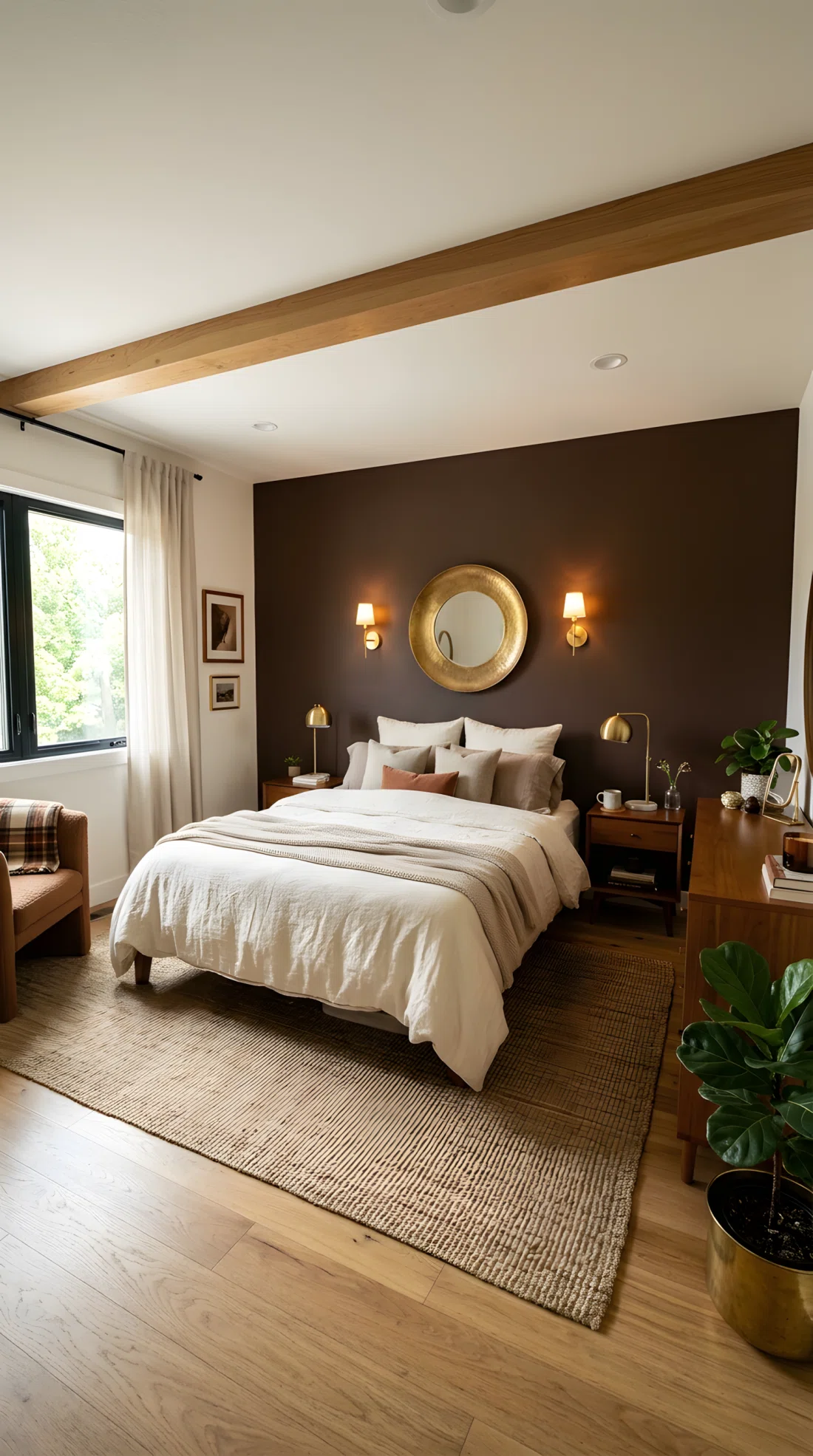 Wide-angle real-life photo of a bedroom accent wall painted deep cocoa brown (RGB 74, 48, 38), paired with cream linen bedding (RGB 245, 237, 220) and warm brass accents, natural light entering from a window on the left, dramatic wide camera angle showing the full room, vibrant rich tones, photographic realism, not illustration or render.