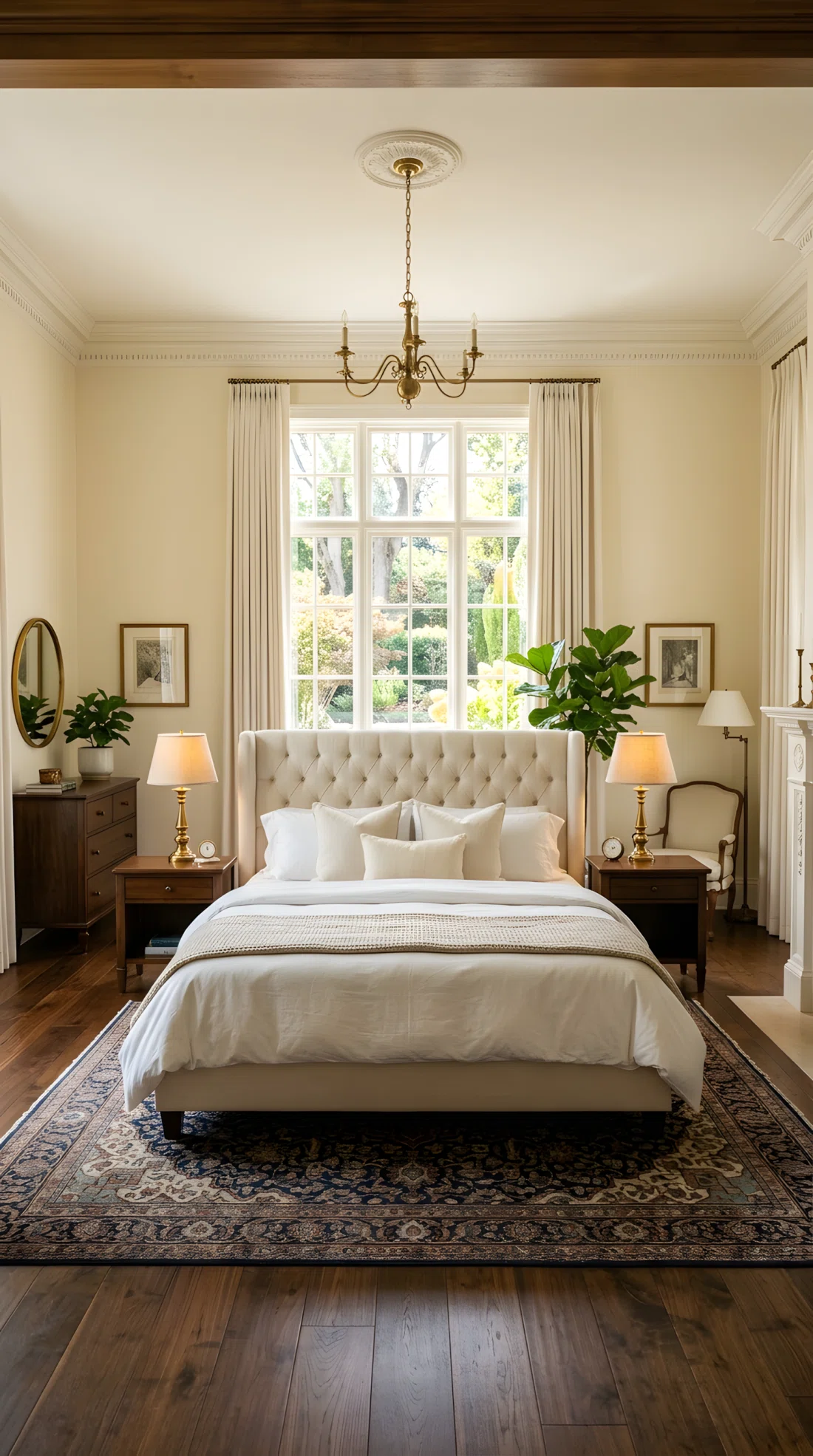 Wide-angle real-life photo of a classic master bedroom with a tall upholstered headboard in soft ivory, matching walnut nightstands and identical brass lamps symmetrically placed on each side, neatly made bed, bright natural light from a large window, dramatic wide camera angle capturing the full symmetry of the room, vibrant natural tones, photographic realism, not a 3D render.