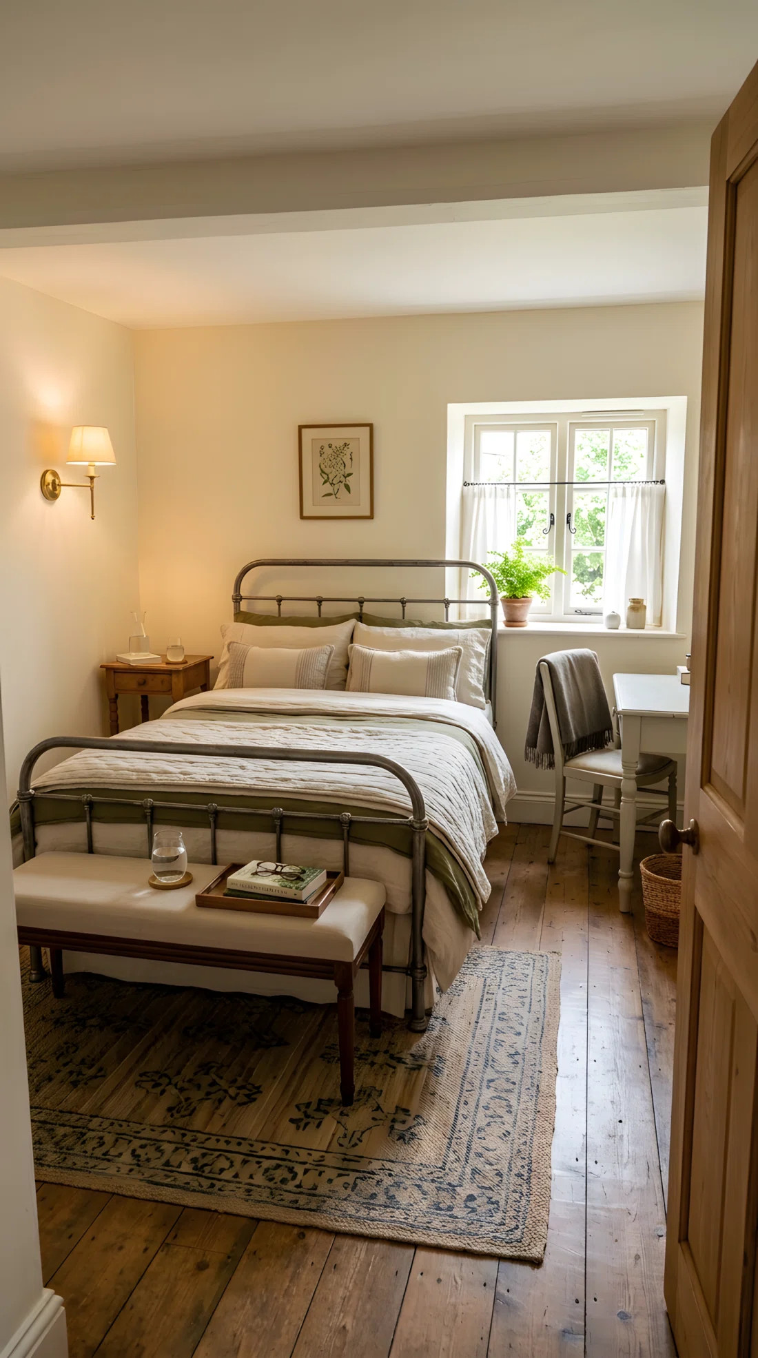 Wide-angle real-life photo of a small classic bedroom, bed floated away from the door, slim upholstered bench at the foot of the bed, wall-mounted sconce instead of a floor lamp, neatly organized nightstand, bright natural light from a small window, dramatic wide camera angle showing the whole compact room, vibrant natural tones, photographic realism, not a 3D render.