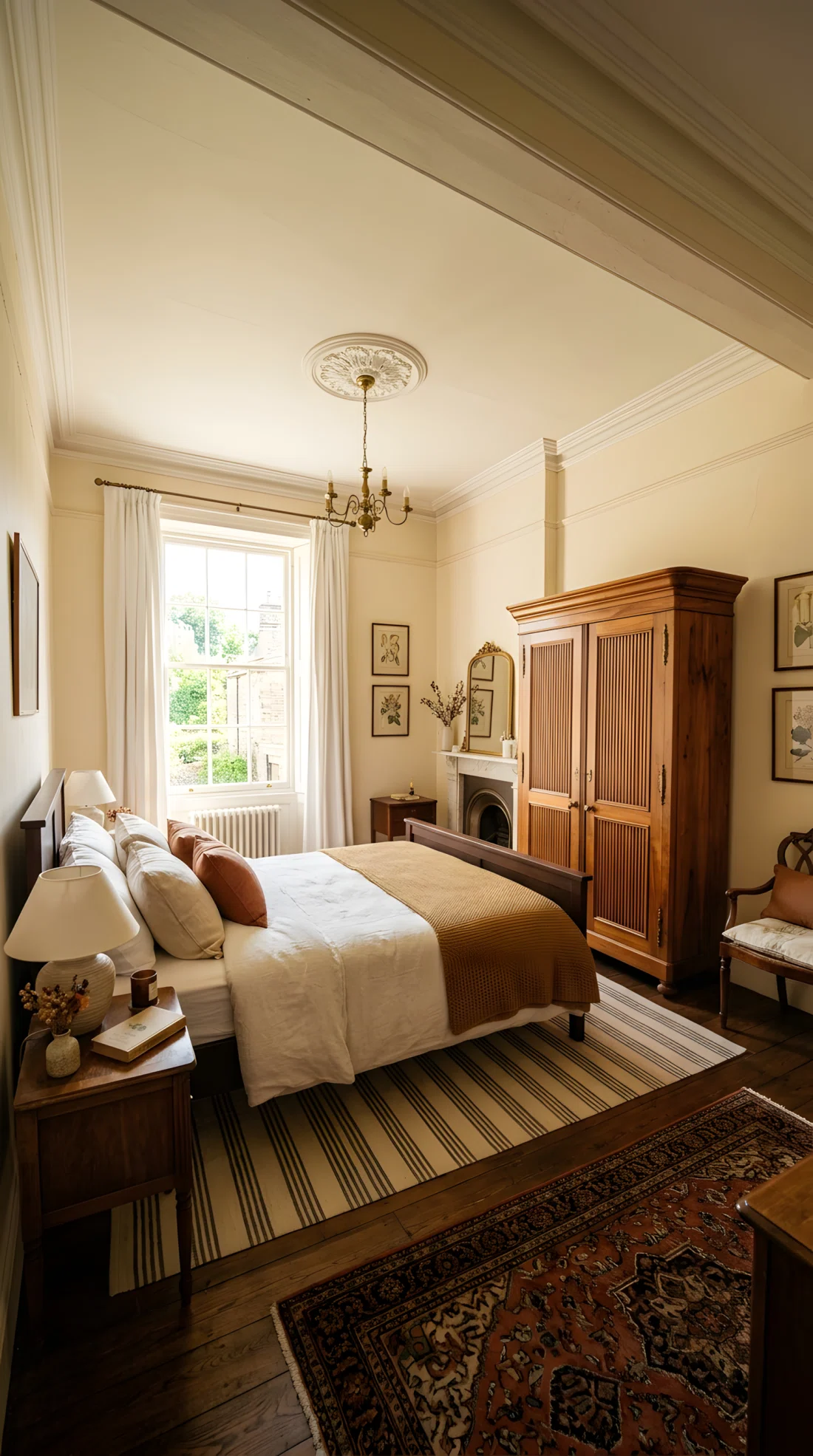 Wide-angle real-life photo of a classic bedroom with a vintage-inspired wood armoire featuring fluted panel doors and brass hardware, positioned against a plain wall, neatly made bed nearby, bright natural light streaming in, dramatic wide camera angle capturing the full room, vibrant warm tones, photographic realism, not illustration.