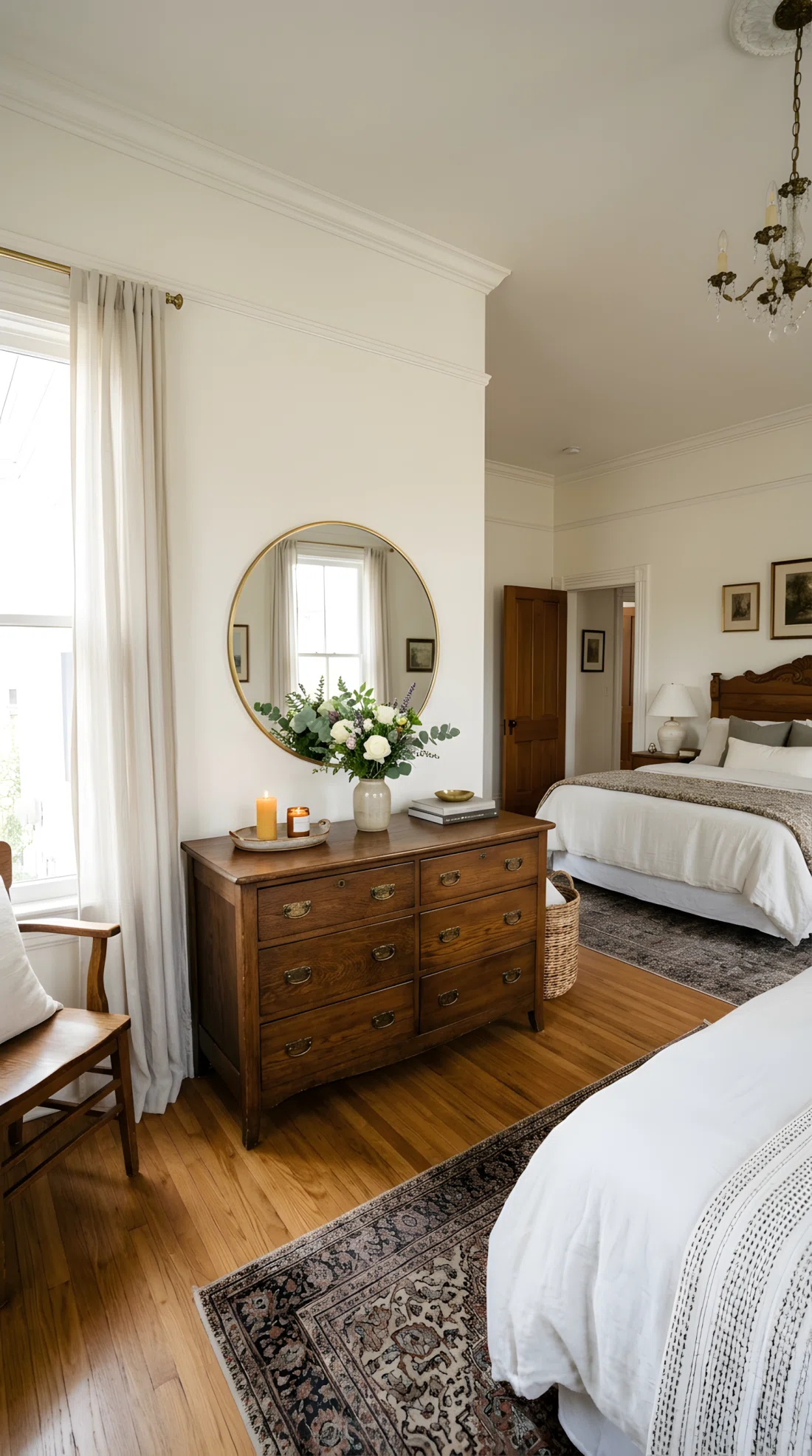 Wide-angle real-life photo of a wood dresser in a classic bedroom styled with a round brass-framed mirror, a small ceramic tray holding a candle and fresh flowers, neatly arranged, bright natural light hitting the mirror, dramatic wide camera angle showing the full room around it, vibrant natural tones, photographic realism, not a render.