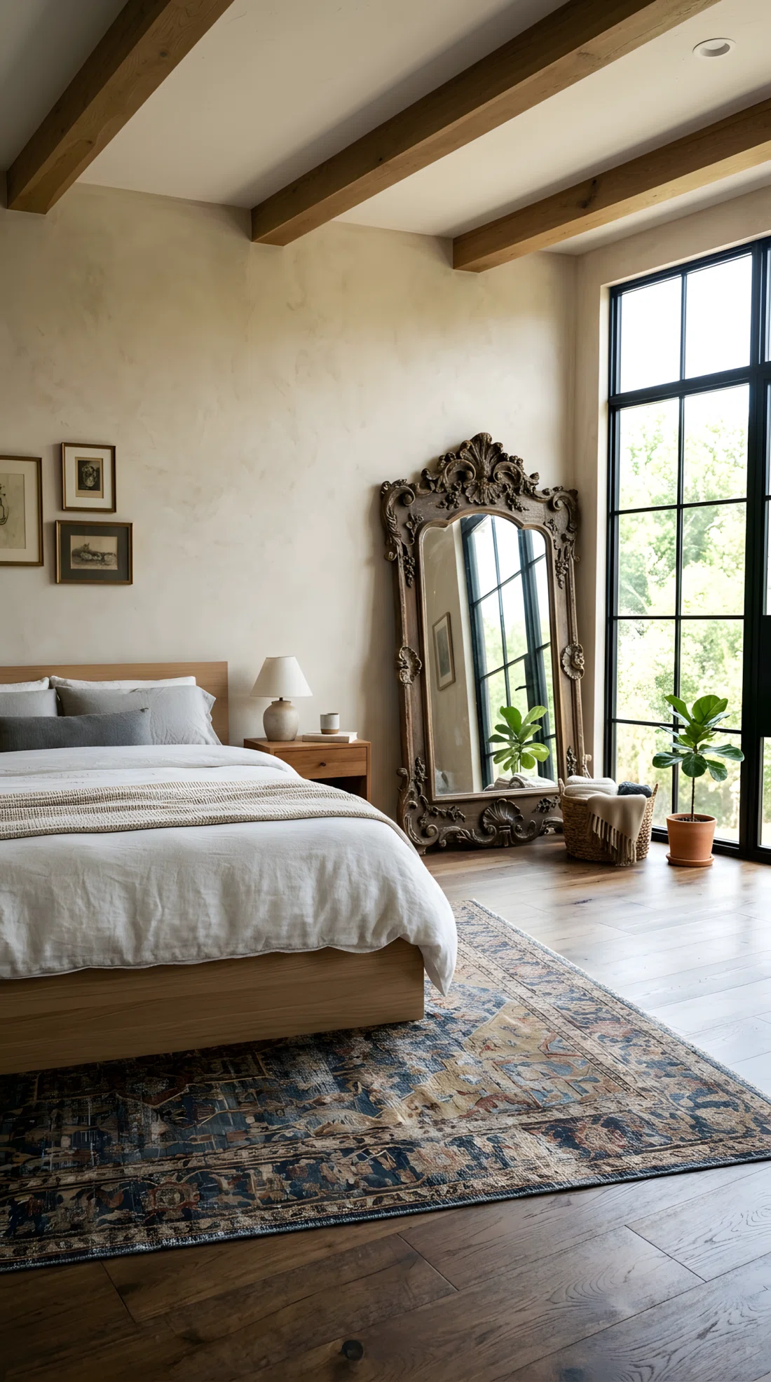 Wide-angle real-life photo of a modern traditional bedroom with a simple low platform bed paired with an ornate antique carved mirror leaning against the wall, minimalist bedding, bright natural light from a large window, dramatic wide camera angle capturing the full contrast of styles in the room, vibrant natural tones, photographic realism, not a 3D render.