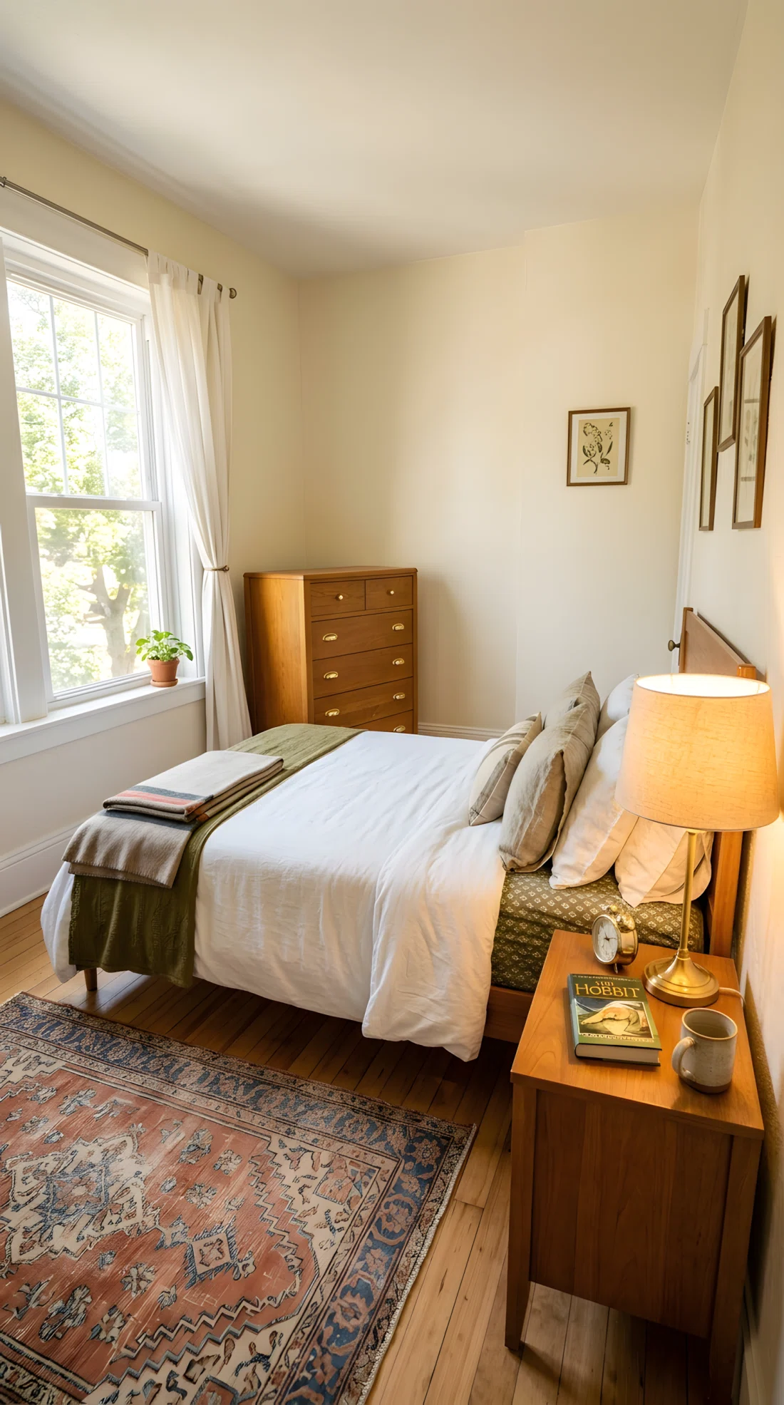 Wide-angle real-life photo of a budget-friendly classic bedroom, freshly painted wall, brass knobs on an existing dresser, one quality table lamp glowing on the nightstand, neatly made bed, bright natural light from a window, dramatic wide camera angle showing the full room, vibrant natural tones, photographic realism, not a render.