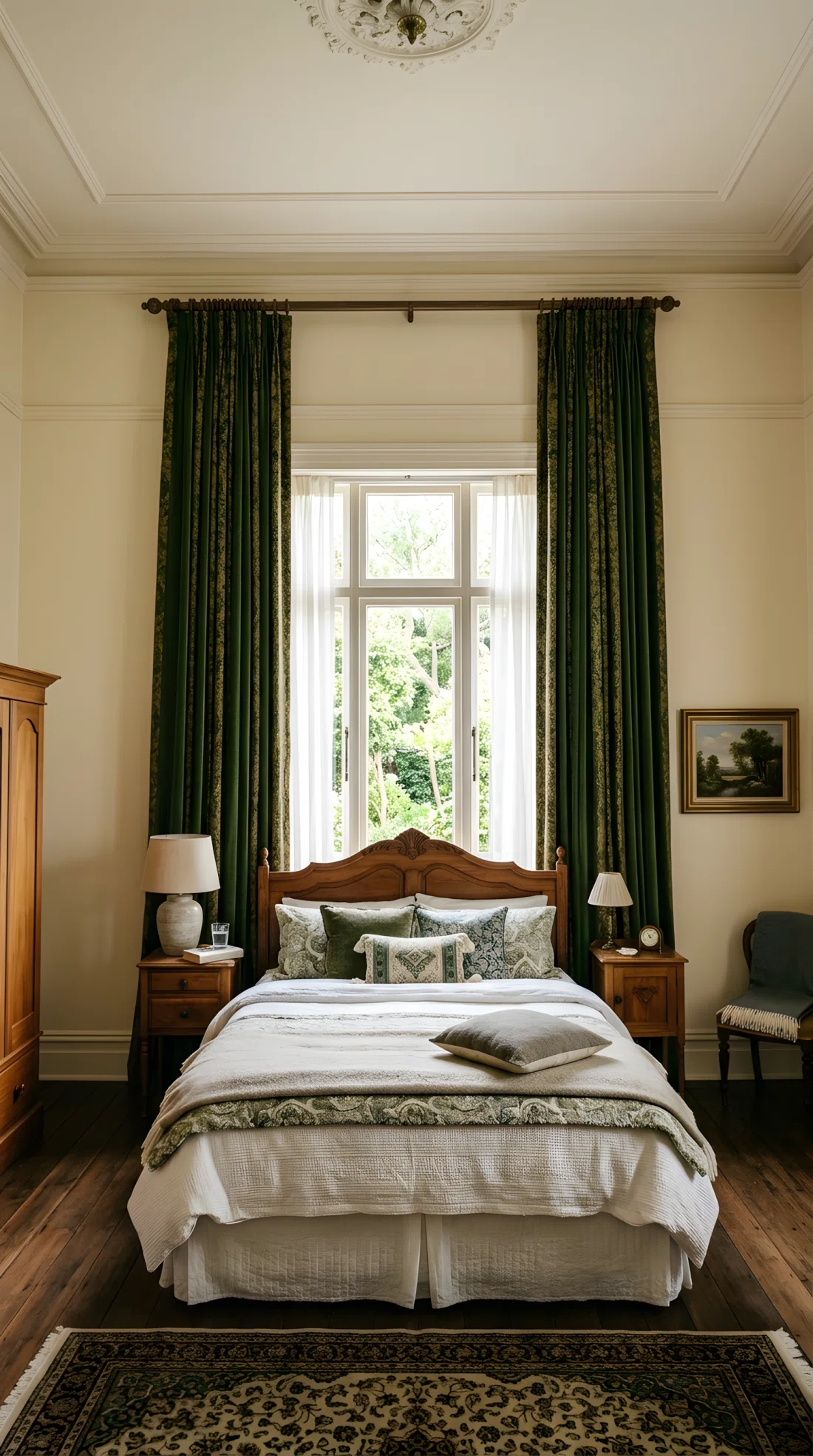 Wide-angle real-life photo of a classic bedroom with floor-to-ceiling drapery framing a smaller window, neatly made bed below, soft natural light filtering through the fabric, dramatic wide camera angle showing the full height of the room, vibrant natural tones, photographic realism, not illustration.