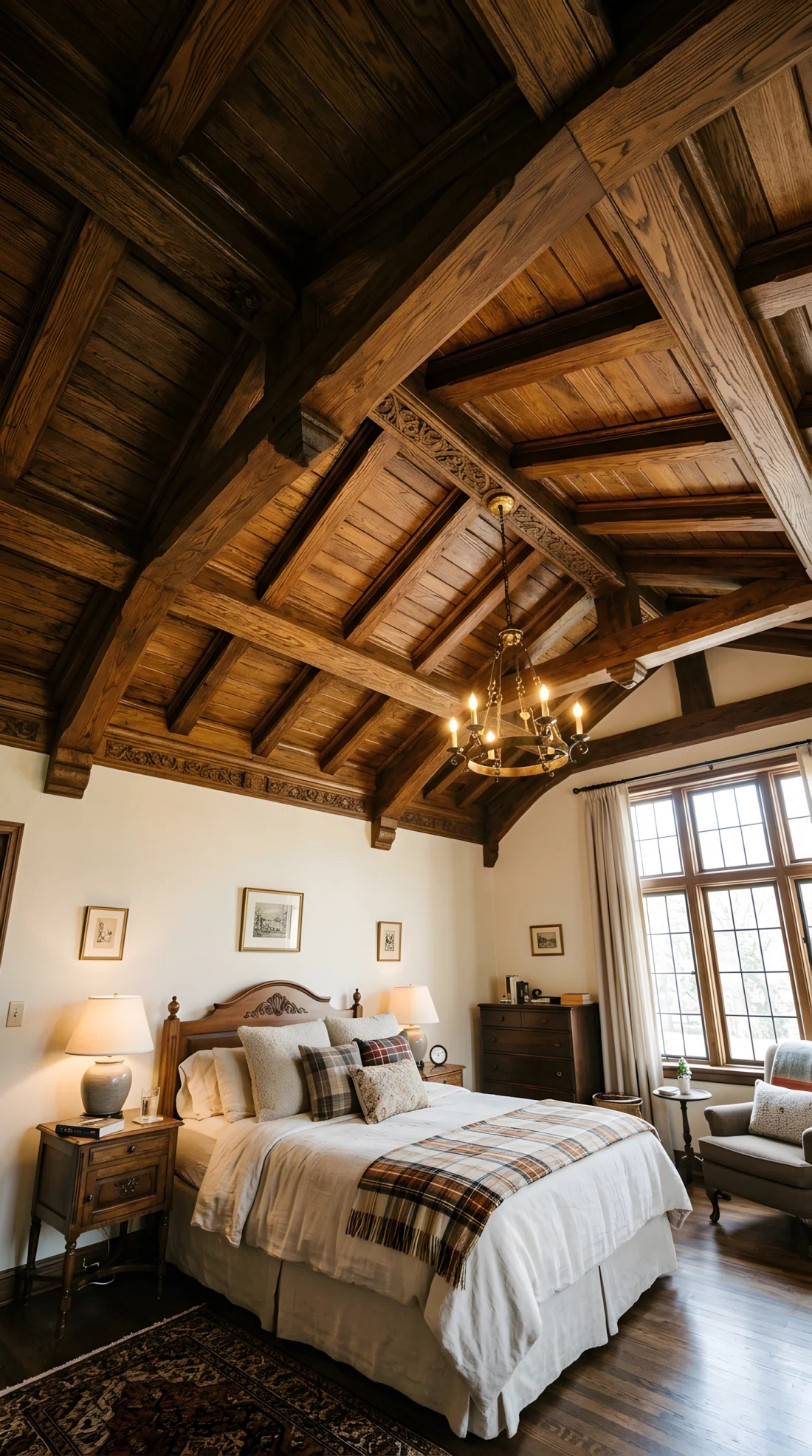 Wide-angle real-life photo of a classic bedroom with a wood-paneled textured ceiling overhead, neatly made bed below, bright natural light bouncing off the ceiling detail, dramatic wide upward-angled camera view capturing both the ceiling and the full room, vibrant natural tones, photographic realism, not a 3D render.