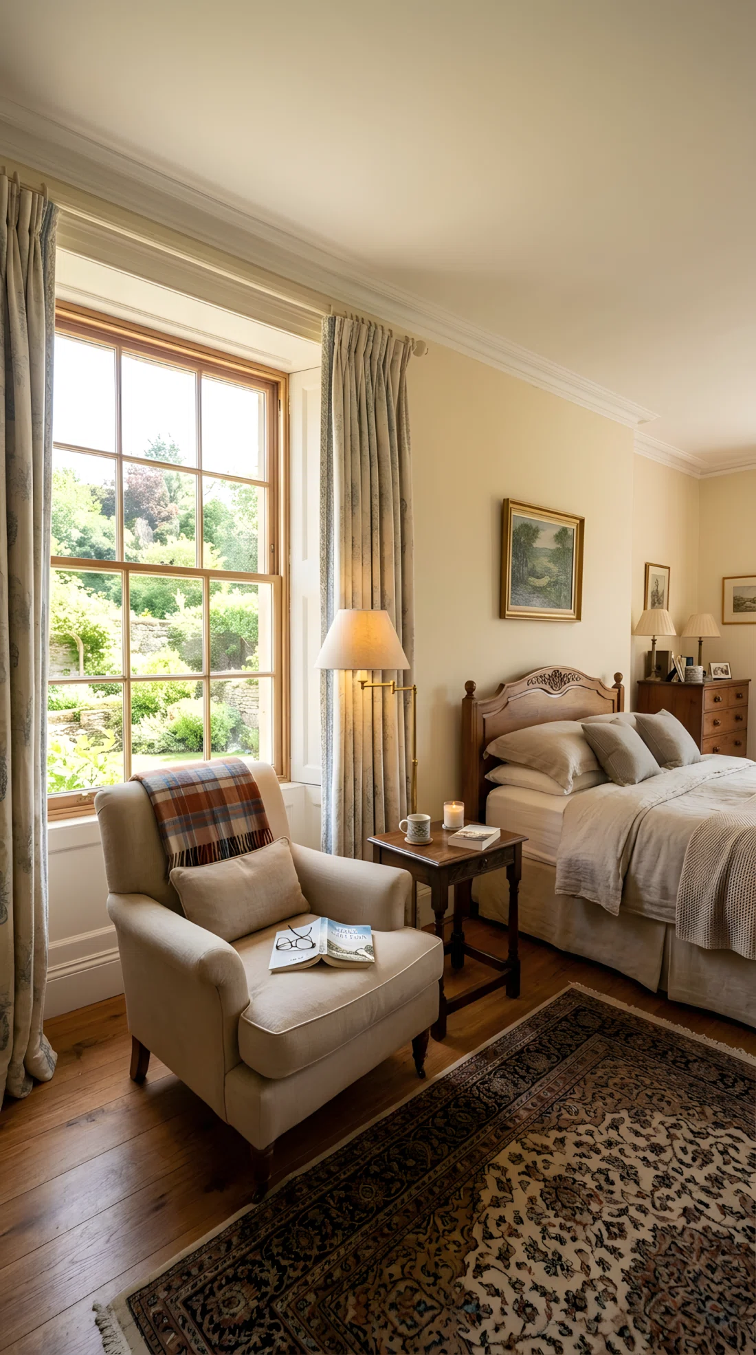Wide-angle real-life photo of a classic master bedroom reading corner near a window, single upholstered armchair, small wood side table, reading lamp turned on, bright natural light coming through the window, dramatic wide camera angle showing the corner within the full room, vibrant natural tones, photographic realism, not illustration.