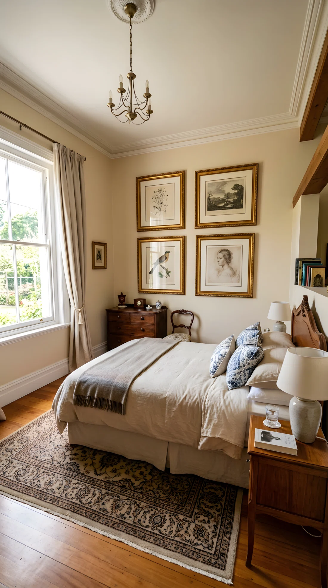 Wide-angle real-life photo of a classic bedroom with a small gallery wall of four framed prints in matching gold frames hung opposite the bed, evenly spaced, neatly made bed below, bright natural light illuminating the wall, dramatic wide camera angle showing the full room, vibrant natural tones, photographic realism, not a render.