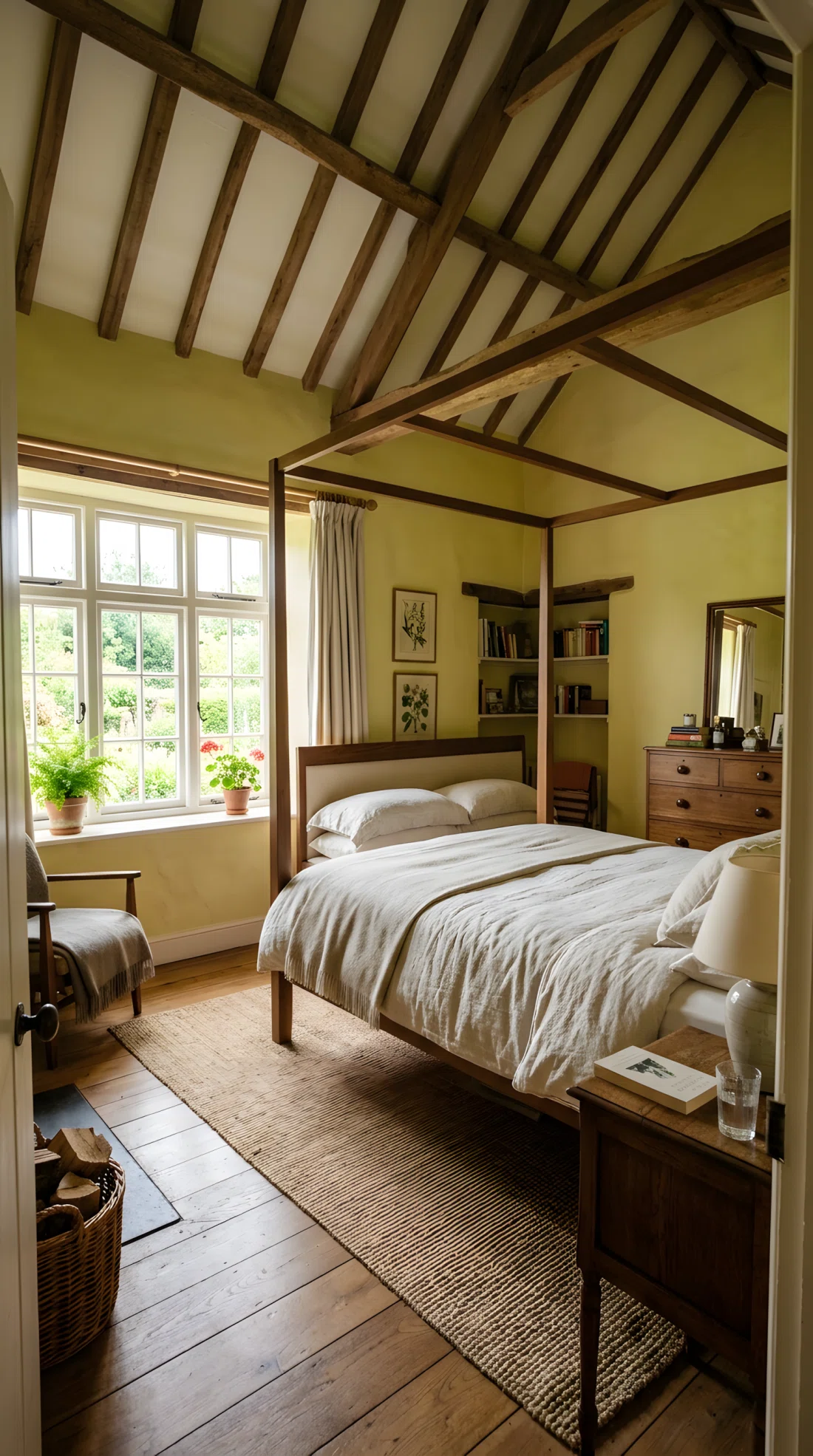 Wide-angle real-life photo of a classic bedroom with a simple wood canopy bed frame without heavy drapes, neatly made bed with linen bedding, bright natural light from a window, dramatic wide camera angle capturing the full height of the canopy and the room, vibrant natural tones, photographic realism, not a 3D render.