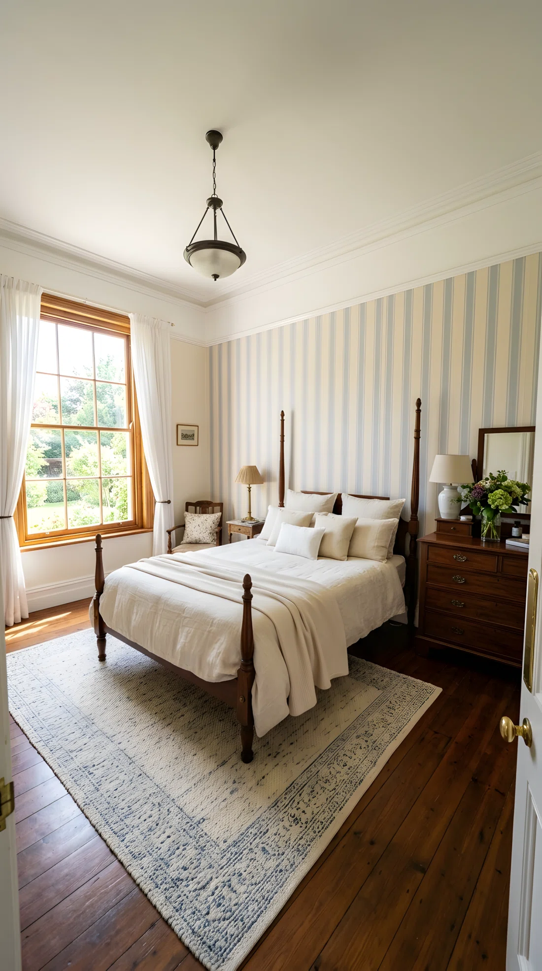 Wide-angle real-life photo of a classic bedroom with a subtle striped wallpaper on one accent wall, solid cream bedding on the bed, bright natural light entering from a window, dramatic wide camera angle showing the full room and wallpaper texture, vibrant natural tones, photographic realism, not illustration.
