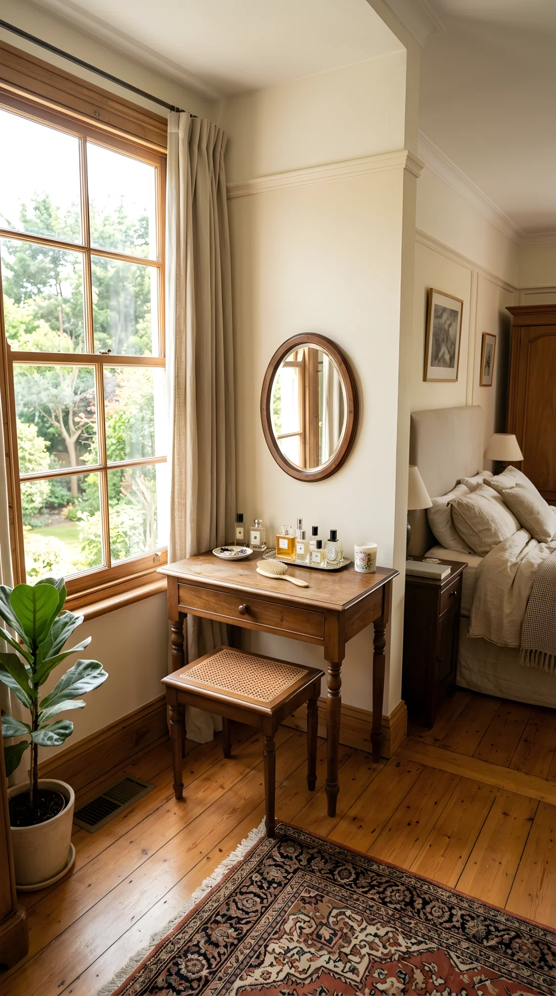 Wide-angle real-life photo of a classic master bedroom corner with a slim wood vanity table and matching stool, small mirror above, neatly arranged perfume bottles, bright natural light from a nearby window, dramatic wide camera angle capturing the vanity within the full room, vibrant natural tones, photographic realism, not a render.