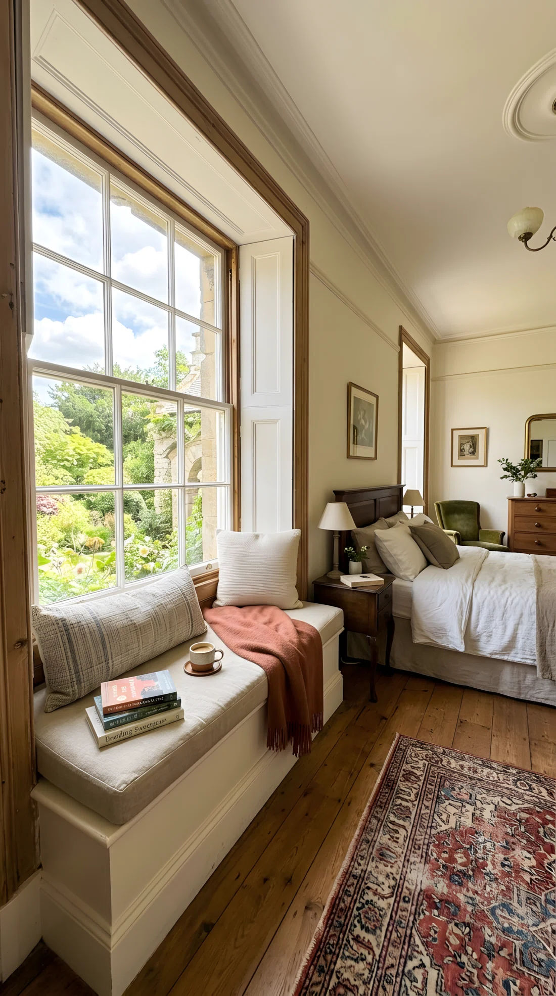 Wide-angle real-life photo of a classic bedroom with a deep window seat styled with a thick cushion, two pillows, and a folded throw blanket, bright natural light pouring through the window, dramatic wide camera angle showing the seat within the full room, vibrant natural tones, photographic realism, not illustration.
