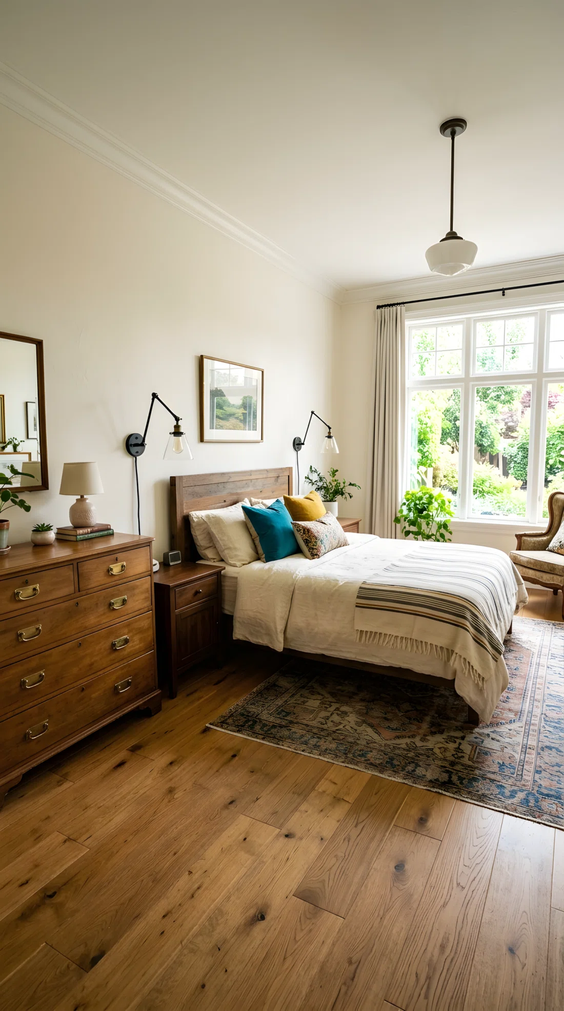 Wide-angle real-life photo of a classic bedroom mixing brushed brass drawer hardware with black bronze wall sconces, neatly made bed between them, bright natural light from a window, dramatic wide camera angle capturing both metal finishes within the full room, vibrant natural tones, photographic realism, not a 3D render.