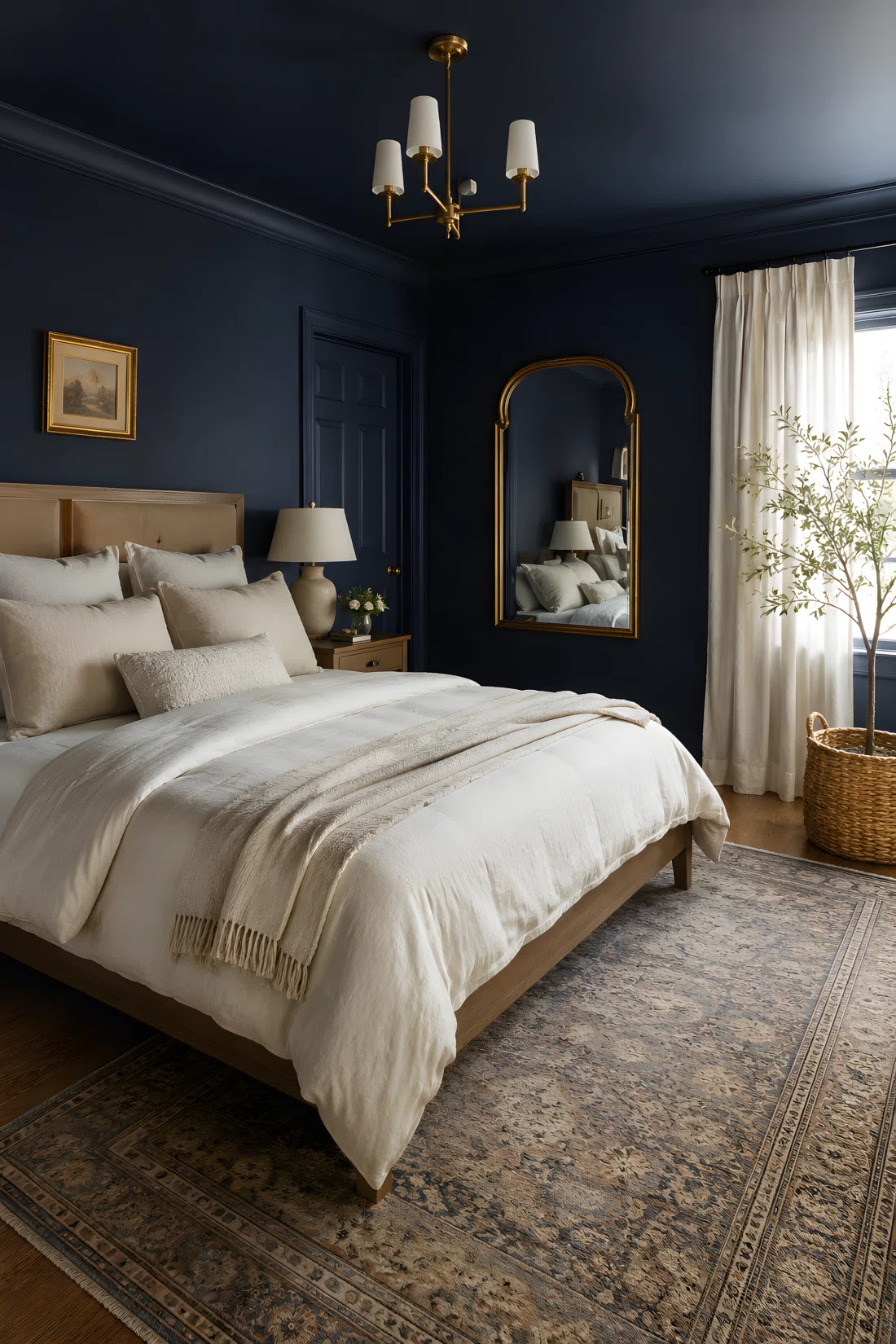 Wide-angle photograph of a real primary bedroom, walls ceiling and trim painted in deep navy blue (RGB 26,42,68), brass framed mirror, linen bedding in warm cream, soft morning light through sheer curtains, dramatic wide camera angle showing entire room, vibrant true-to-life color, photographic realism, not 3D render.