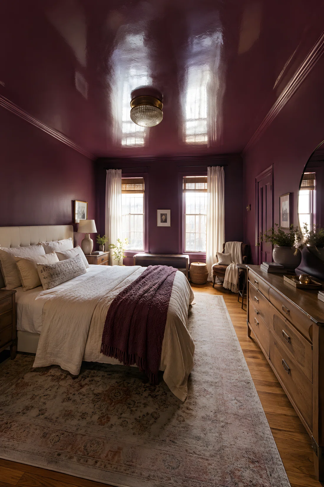 Wide-angle real-life photograph of a bedroom with walls and high-gloss ceiling painted in deep plum (RGB 89,44,62), light reflecting softly off the glossy ceiling, neatly styled bed with layered textures, bright natural window light, wide dramatic camera angle capturing the whole room, vibrant photographic realism, no 3D render.