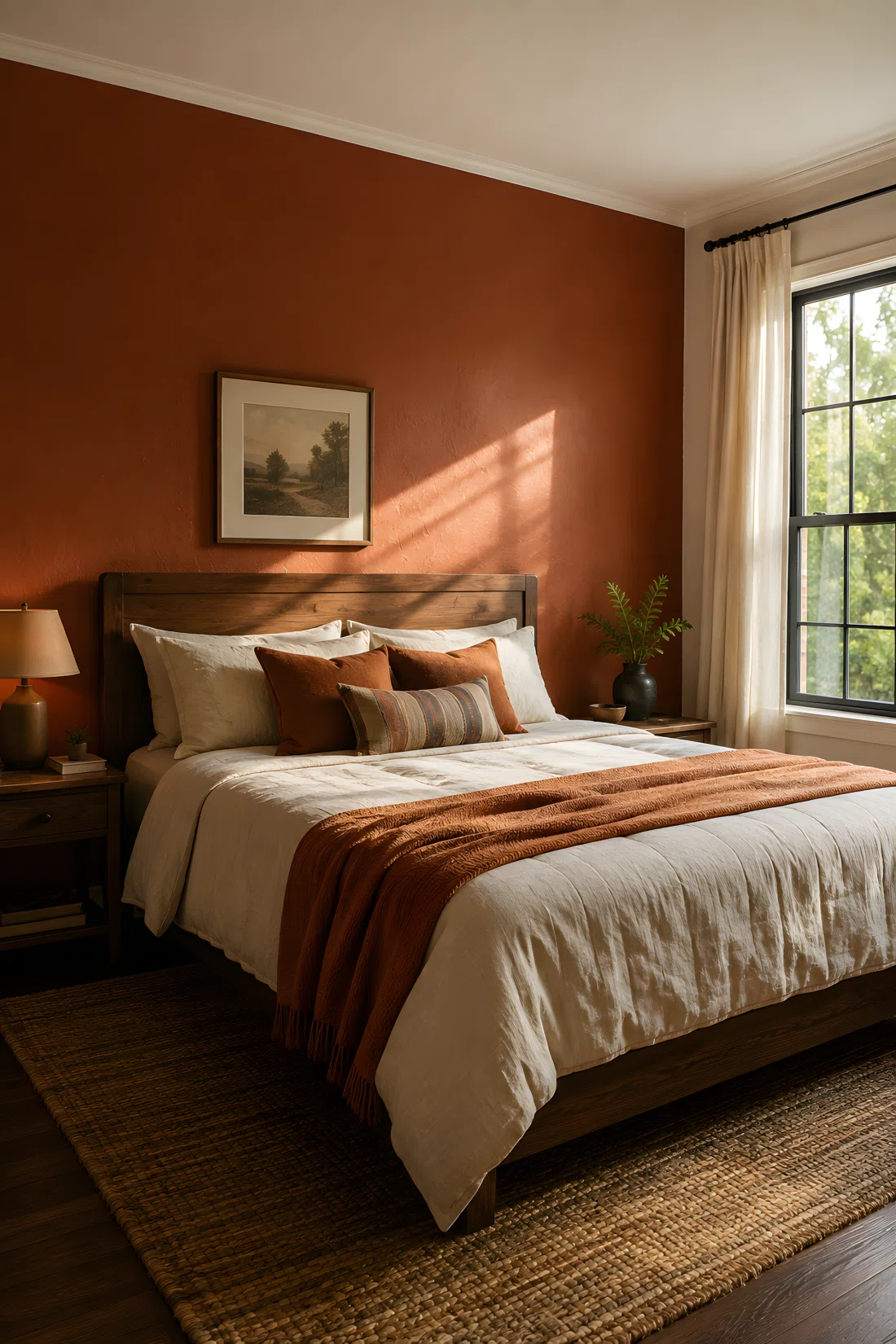 Wide-angle real-life photograph of a bedroom with one deep terracotta color-drenched wall (RGB 168,92,63), morning sunlight streaming from a side window and raking across the textured wall at a low angle, neatly made bed, organized nightstand, bright natural light, wide dramatic camera perspective showing full room, vibrant photographic realism, no 3D render, no illustration.