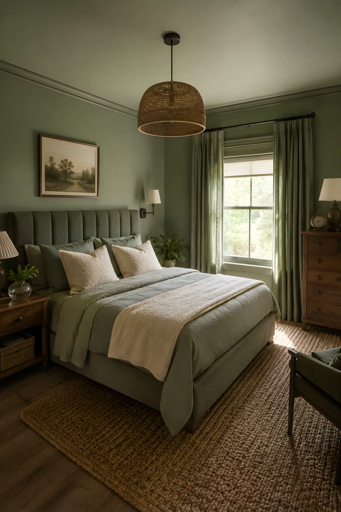 Wide-angle real-life photograph of a sage green color-drenched bedroom (RGB 122,142,111), textured boucle throw pillows, velvet headboard, woven jute rug, neatly arranged and organized styling, soft bright natural light through a window, wide dramatic camera angle showing the whole room, vibrant photographic realism, no 3D render, no illustration.