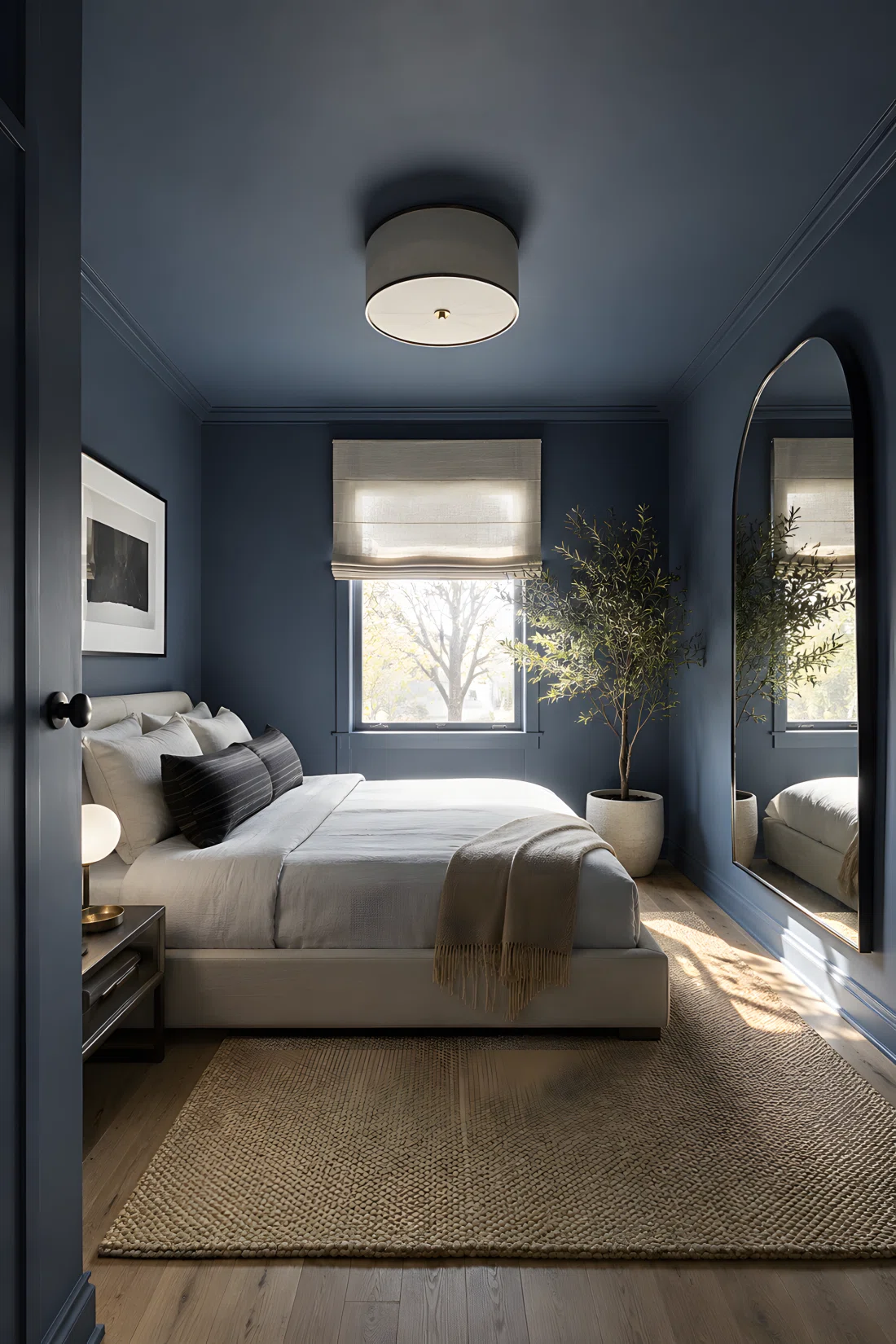 Wide-angle real-life photograph of a small color-drenched bedroom painted in steel blue (RGB 58,84,115), walls ceiling and trim same tone, low-profile bed, large reflective mirror, neatly made and organized styling, bright natural light, wide dramatic camera angle capturing the entire small room, vibrant photographic realism, no 3D render, no illustration.