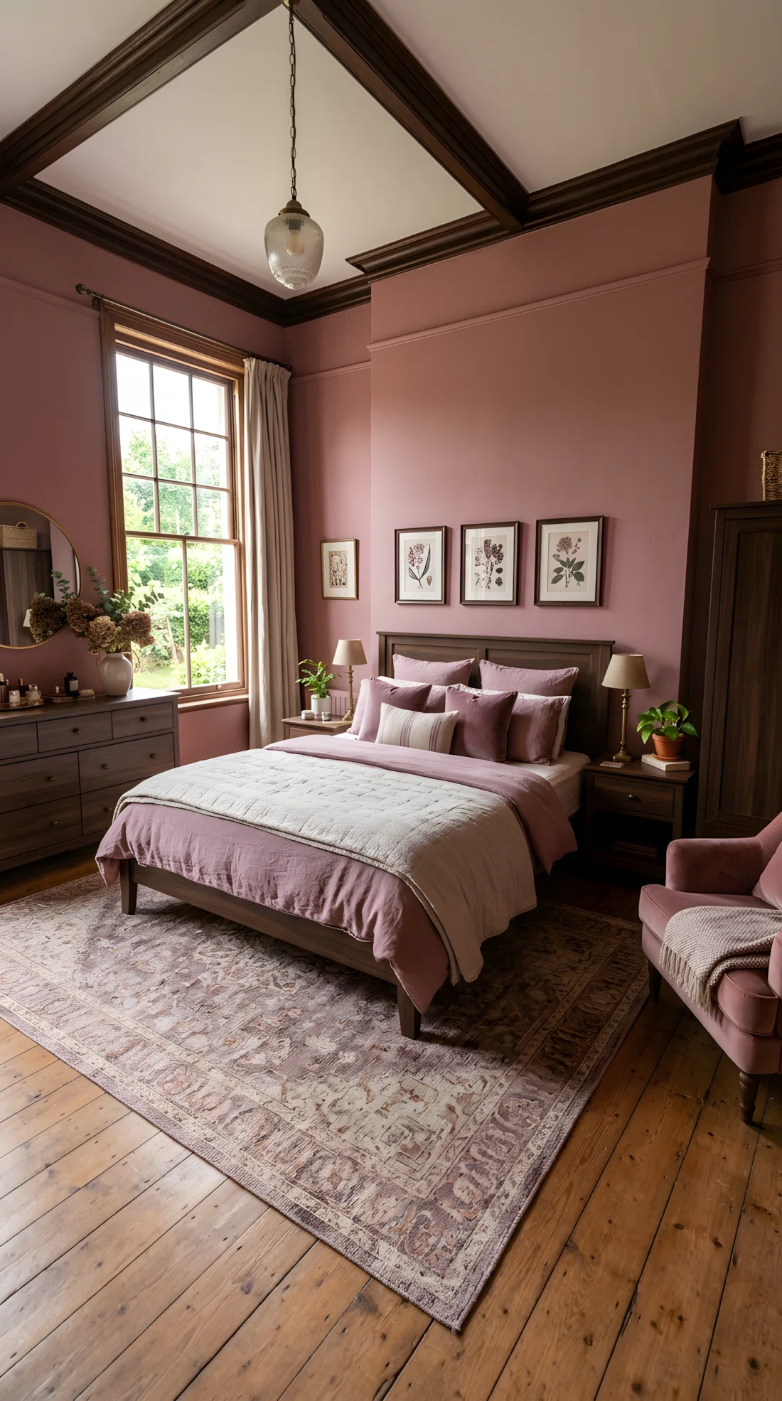 Wide-angle real-life photograph of a dusty rose and mauve color-drenched bedroom (RGB 176,131,135), dark walnut wood furniture, neatly made bed with layered linen, soft bright natural light, wide dramatic camera angle showing the entire room, vibrant photographic realism, no 3D render, no illustration.
