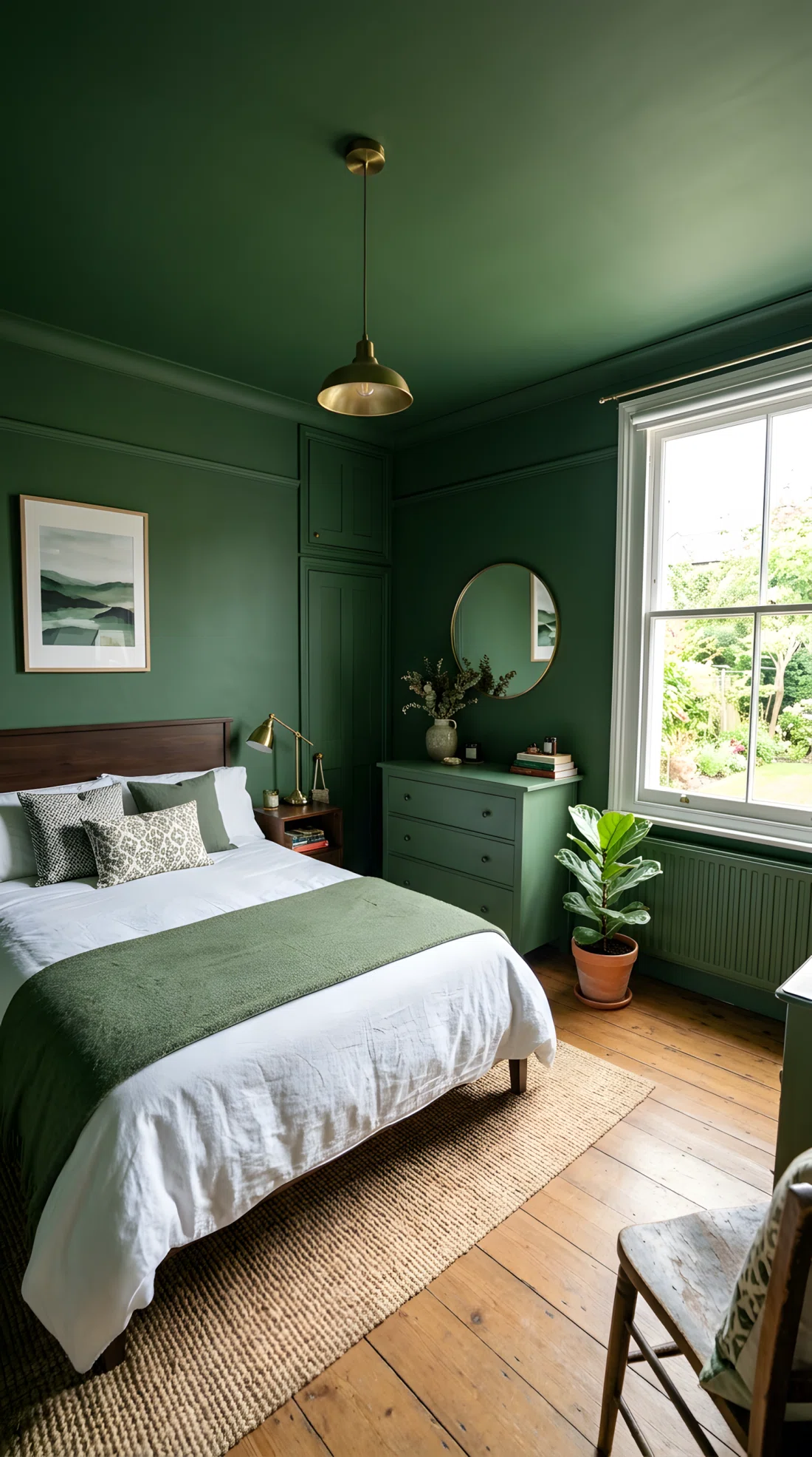 Wide-angle real-life photograph of a forest green color-drenched bedroom (RGB 54,73,52), walls ceiling radiator and wooden dresser all painted the same green, neatly organized and clean styling, bright natural light through a window, wide dramatic camera angle capturing the full room, vibrant photographic realism, no 3D render, no illustration.