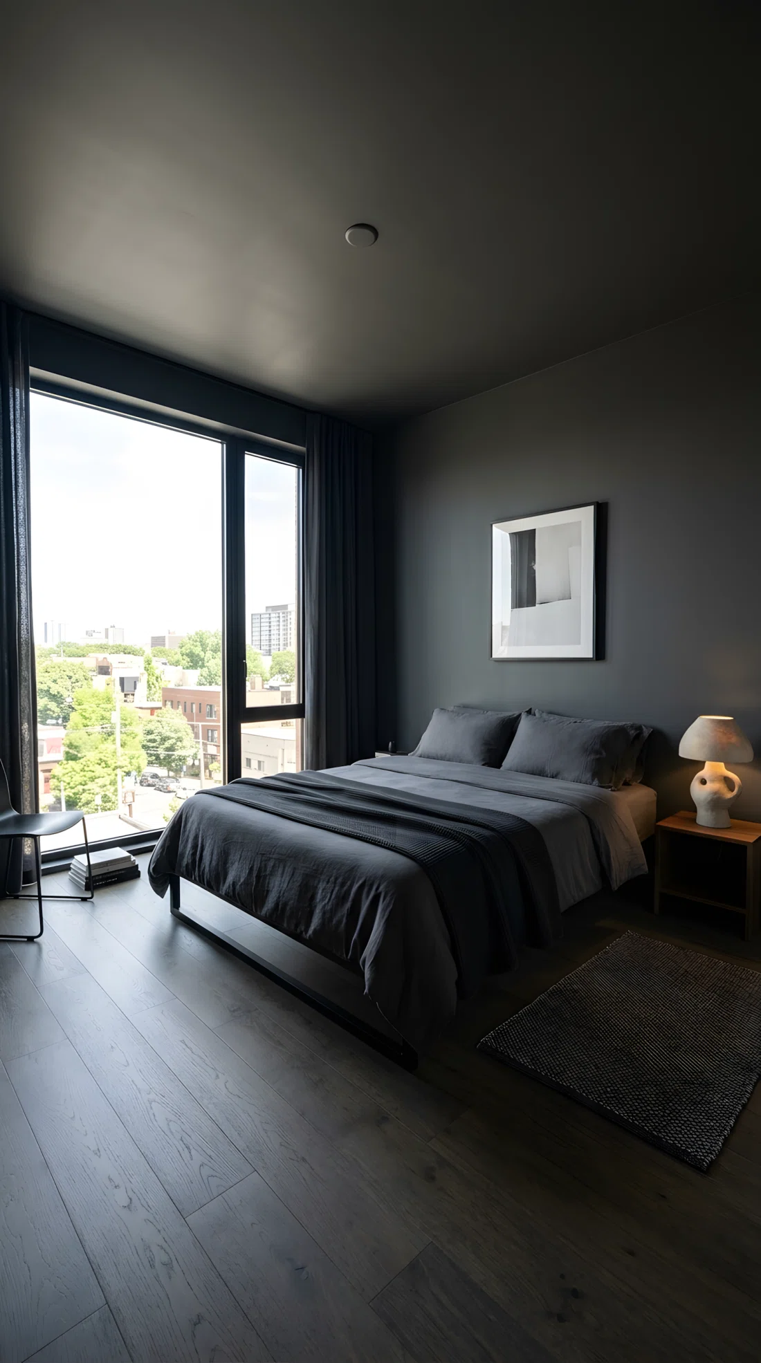 Wide-angle real-life photograph of a minimalist charcoal color-drenched bedroom (RGB 54,54,58), single sculptural lamp, one framed art piece, simple neatly made bedding, clean organized styling, bright natural light, wide dramatic camera angle showing the entire modern room, vibrant photographic realism, no 3D render, no illustration.
