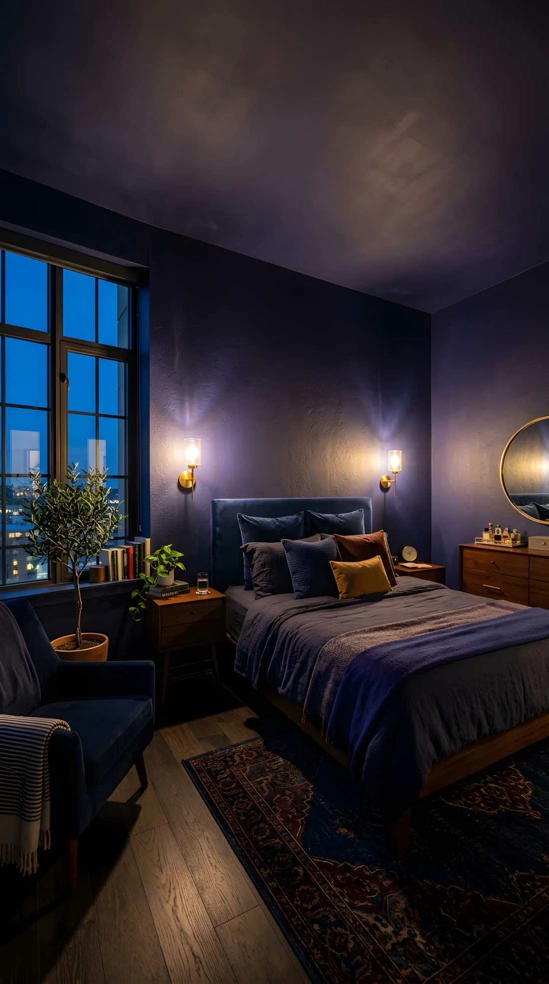 Wide-angle real-life photograph of a deep indigo color-drenched bedroom (RGB 45,38,88) at dusk, low-mounted wall sconces angled upward washing warm light across the textured wall, neatly made bed, organized nightstand, dramatic wide camera angle showing the full room, vibrant photographic realism, no 3D render, no illustration.