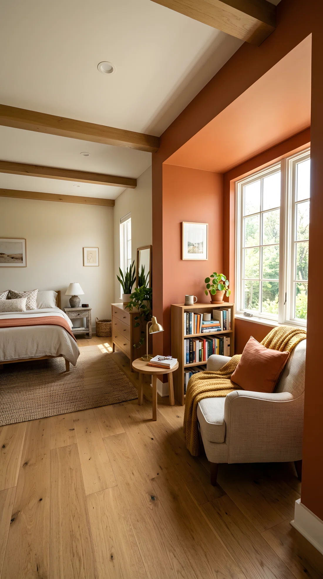 Wide-angle real-life photograph of a color-drenched bedroom with walls in deep forest green (RGB 40,58,44) and trim, skirting boards and door frame painted one shade darker, neatly organized styling, bright natural light, wide dramatic camera angle showing the entire room, vibrant photographic realism, no 3D render, no illustration.