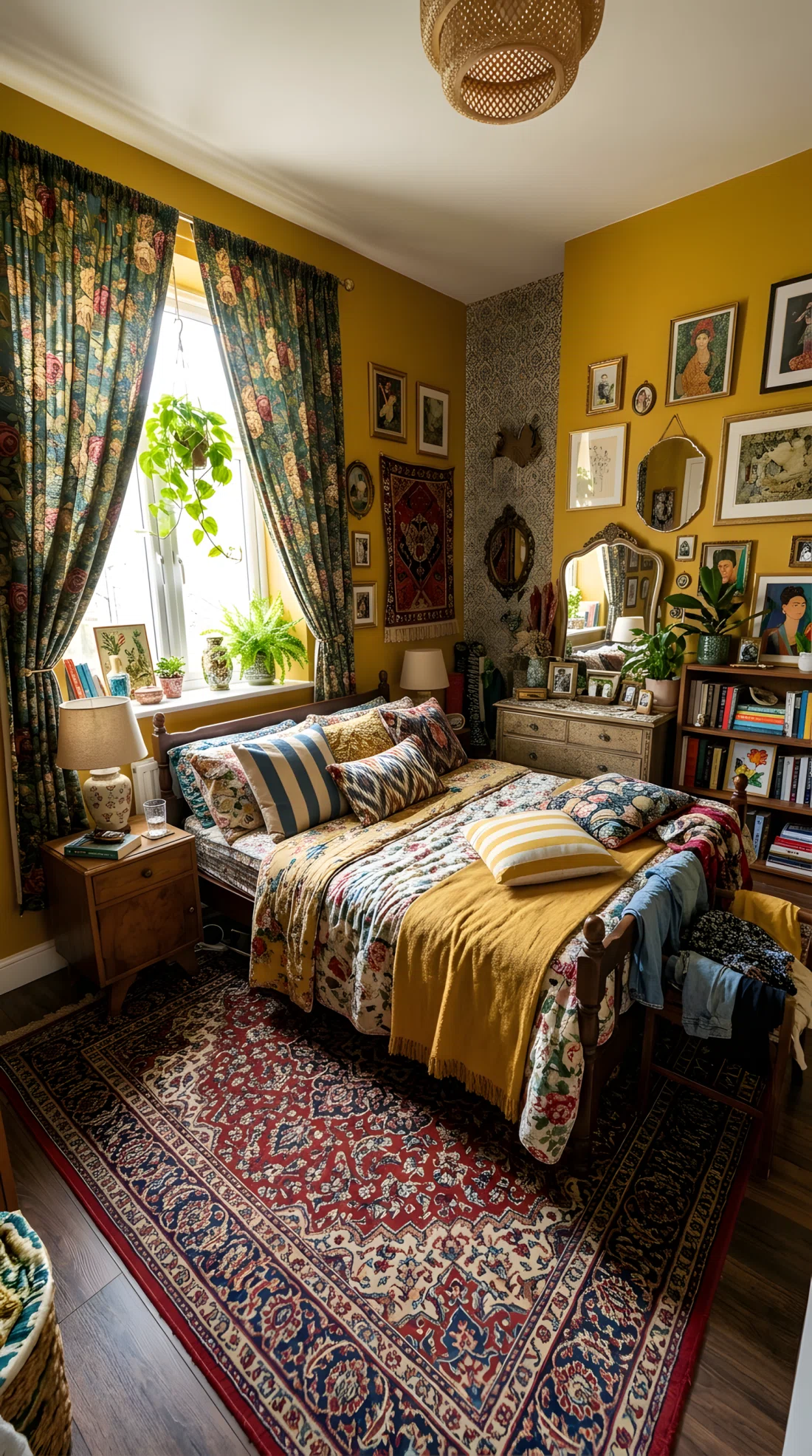 Wide-angle real-life photograph of a bedroom reading nook drenched in warm terracotta (RGB 190,102,66), armchair and small bookshelf within the nook, rest of the room in soft neutral tone, neatly organized styling, bright natural sunlight, wide dramatic camera angle showing the nook within the full room, vibrant photographic realism, no 3D render, no illustration.