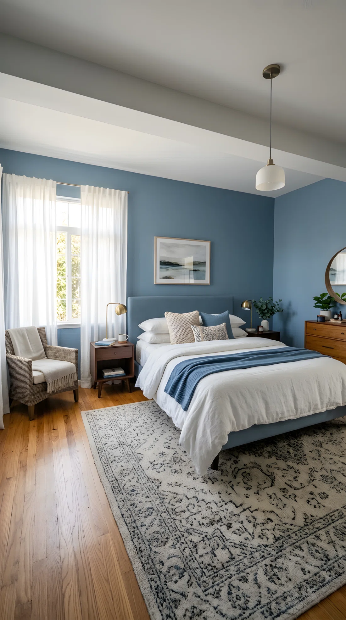 Wide-angle real-life photograph of a dusty blue color-drenched bedroom (RGB 108,132,150), sheer white curtains diffusing soft daylight across the wall, neatly made bed, organized styling, bright natural light, wide dramatic camera angle showing the full room, vibrant photographic realism, no 3D render, no illustration.