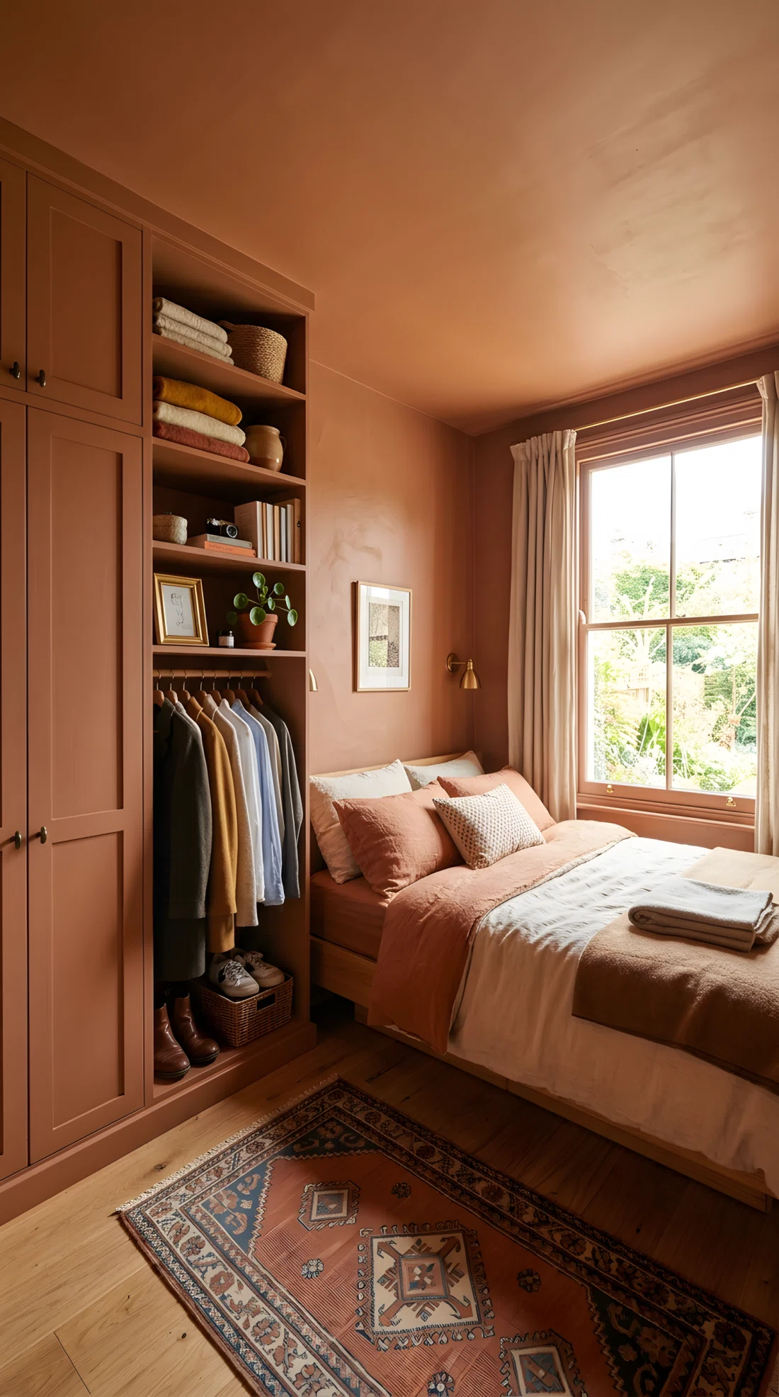 Wide-angle real-life photograph of a small color-drenched bedroom in warm clay (RGB 158,98,72), built-in wardrobe doors and shelving painted the same clay shade as the walls, neatly organized closet styling, bright natural light, wide dramatic camera angle showing the entire room including the wardrobe nook, vibrant photographic realism, no 3D render, no illustration.