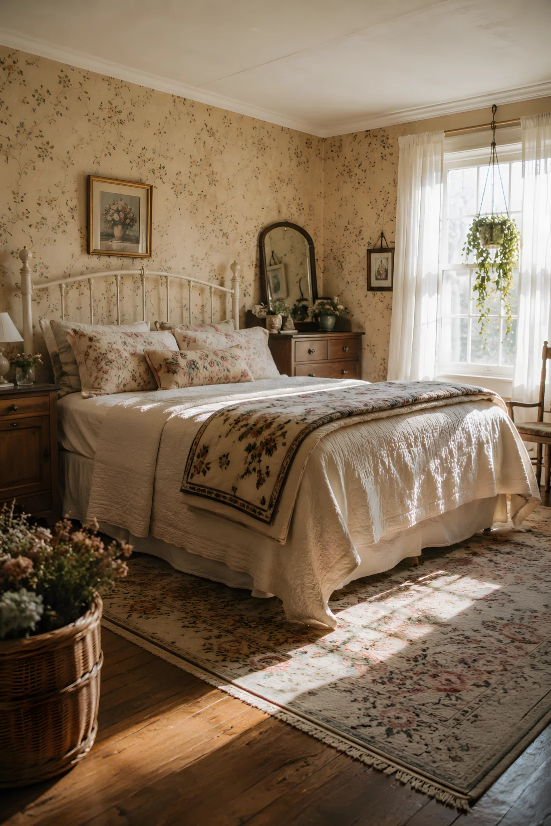 Wide-angle photograph of a cozy vintage cottagecore bedroom, an antique iron bed frame with scalloped white headboard dressed in a quilted cream coverlet, linen sheets, and mismatched floral pillowcases in blush and sage tones, a hand-stitched throw folded at the foot, soft morning light spilling through gauzy curtains, dramatic low camera angle capturing the full room, vibrant warm tones, shot on film, stock photography style