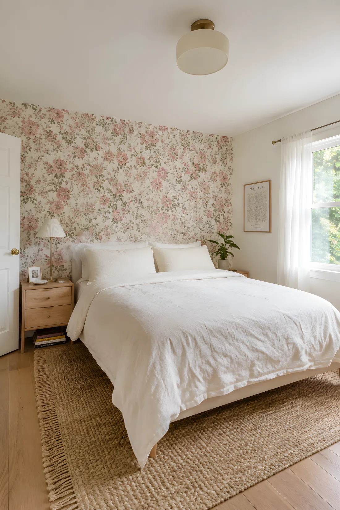 Wide-angle photograph of a bright bedroom with one accent wall covered in vintage floral peel-and-stick wallpaper in soft pink and green, a plain white bed with linen bedding facing the wall, light wood nightstand, natural window light from the side, dramatic wide room angle, vibrant colors, stock photography style