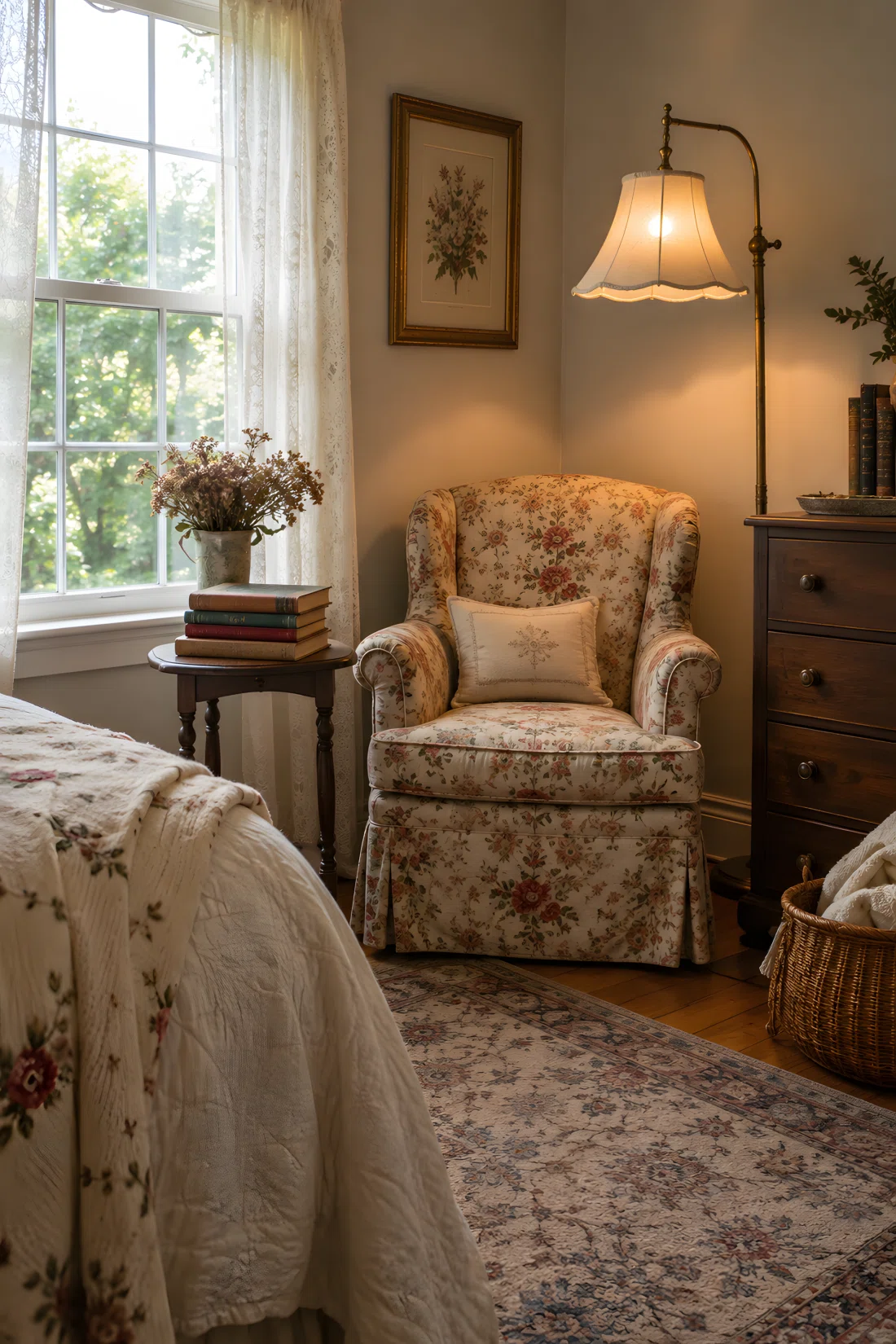 Wide-angle photograph of a cozy reading nook in a cottage bedroom corner, a faded floral slipper armchair beside a tall window, a wooden side table stacked with vintage hardcover books, a fabric-shade floor lamp positioned beside the chair casting warm light downward across the seat, soft natural daylight from the window on the left, dramatic wide angle showing the full corner, vibrant warm tones, stock photography style