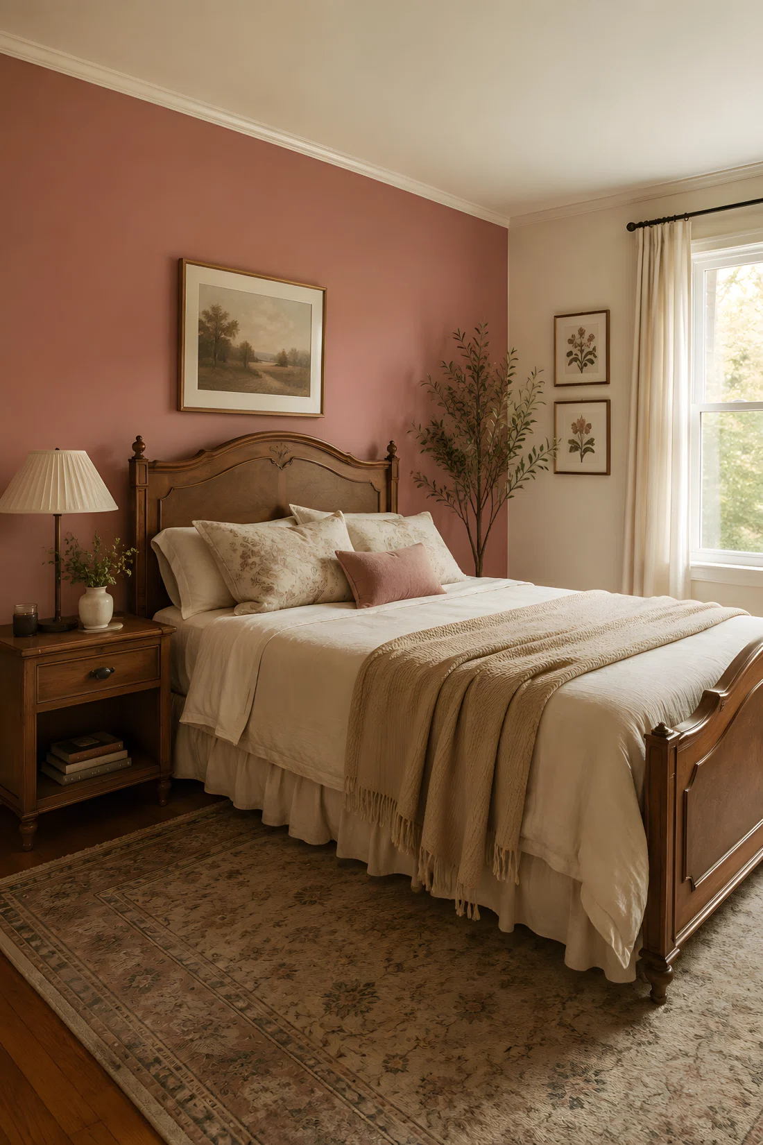 Wide-angle photograph of a bedroom with a single accent wall painted dusty rose (RGB 196,148,144) behind a vintage wooden headboard, cream trim, natural wood nightstand, soft diffused daylight from a side window, dramatic wide room angle, vibrant warm tones, stock photography style