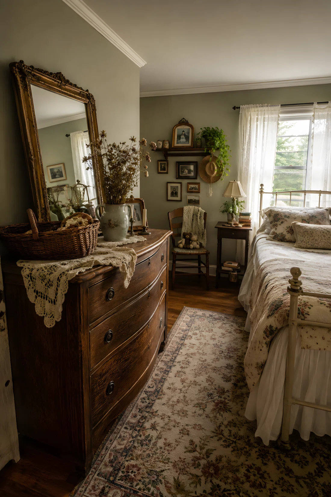 Wide-angle photograph of an antique wooden dresser in a cottage bedroom, layered crochet doilies on top, a woven basket, a ceramic vase with dried wildflowers, an old gold-framed mirror leaned against the wall behind it, soft natural window light from the right, dramatic wide angle capturing the full room, vibrant tones, stock photography style